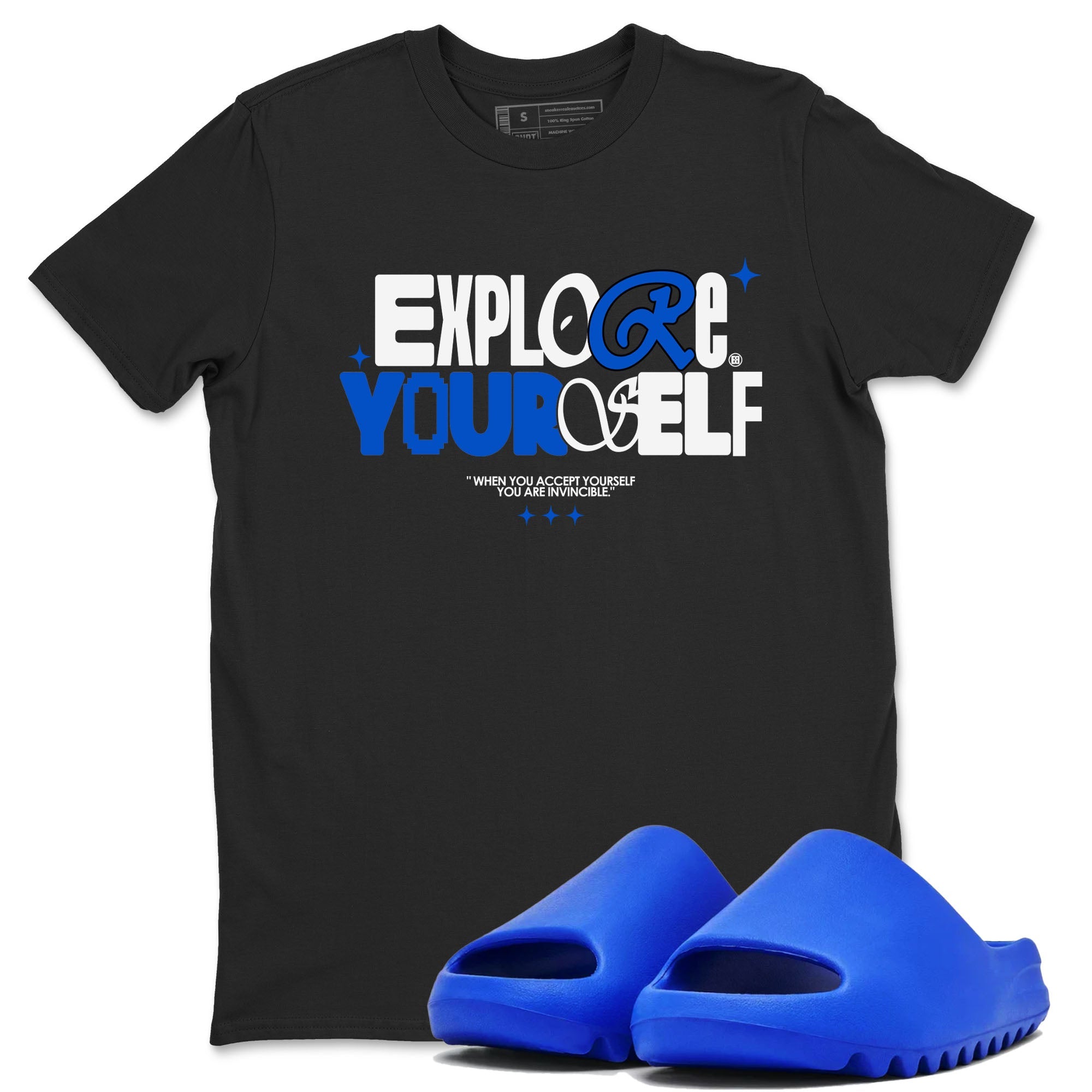 Yeezy Slide Azure shirts to match jordans Explore Yourself sneaker match tees Yeezy Slide Azure Drip Gear Zone streetwear brand Black 1 unisex cotton tee