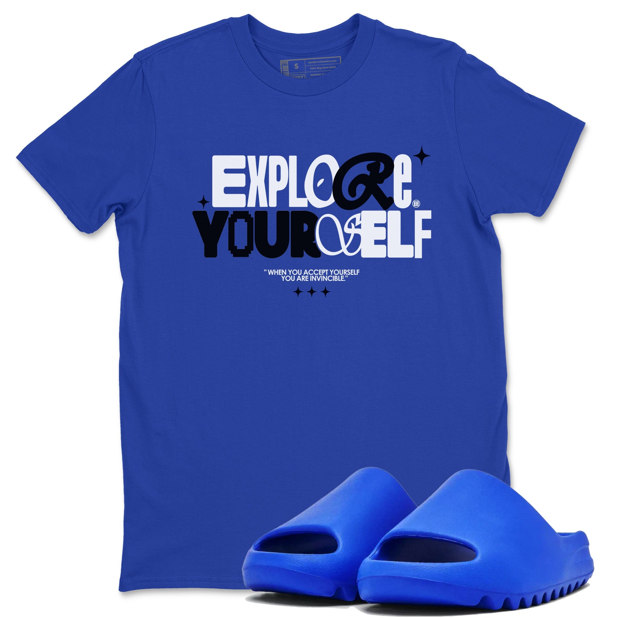 Yeezy Slide Azure shirts to match jordans Explore Yourself sneaker match tees Yeezy Slide Azure Drip Gear Zone streetwear brand Royal Blue 1 unisex cotton tee