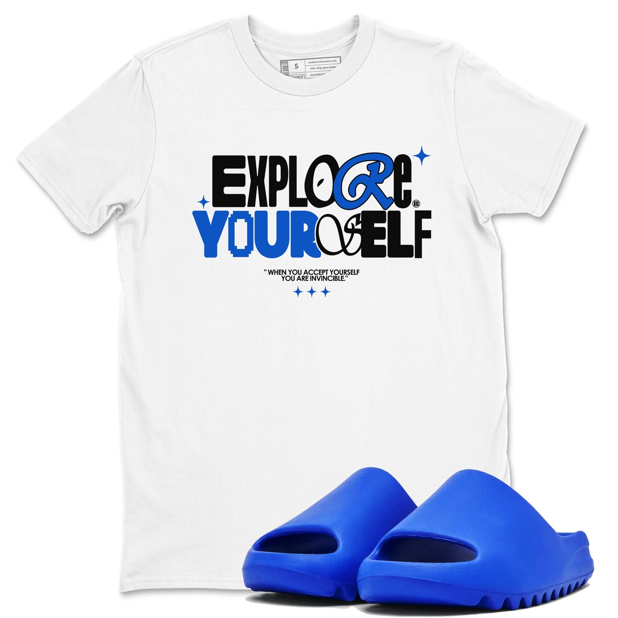 Yeezy Slide Azure shirts to match jordans Explore Yourself sneaker match tees Yeezy Slide Azure Drip Gear Zone streetwear brand White 1 unisex cotton tee