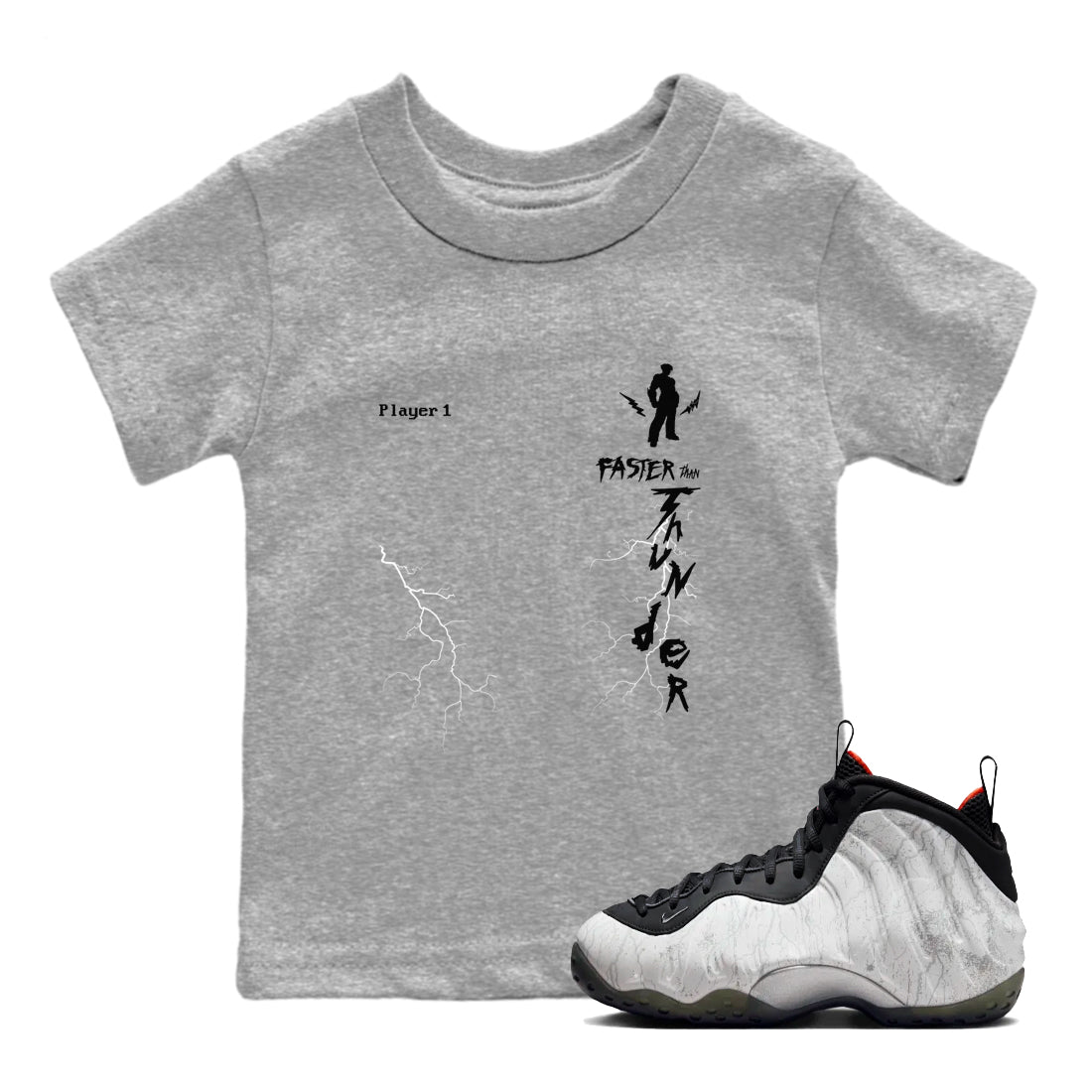 Foams One Jin shirts to match jordans Faster Than Thunder sneaker match tees Air Foamposite One Jin match shoes to clothes Drip Gear Zone Youth Baby Heather Grey 1 tee