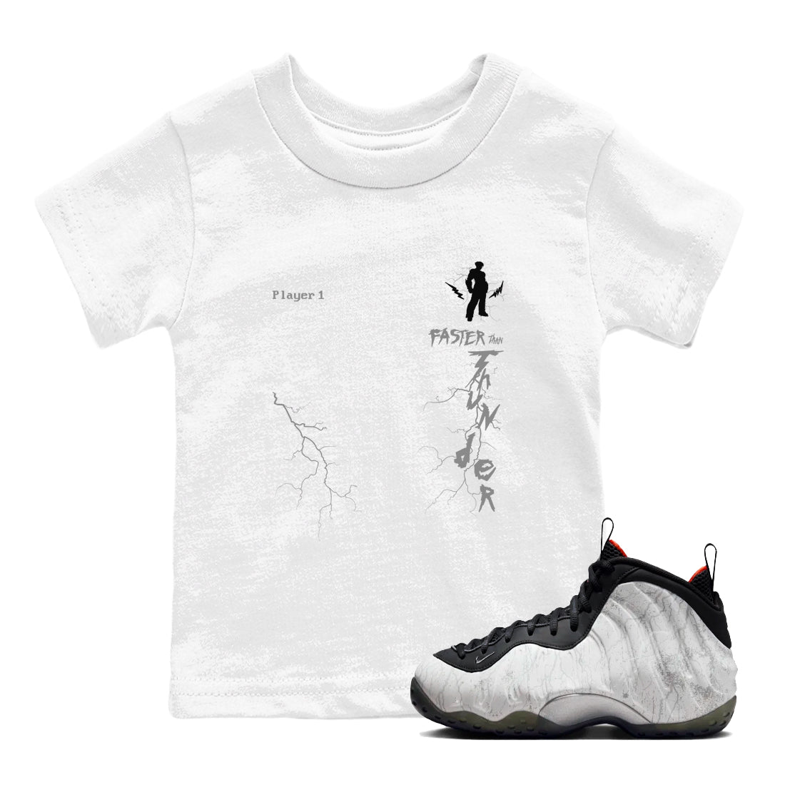 Foams One Jin shirts to match jordans Faster Than Thunder sneaker match tees Air Foamposite One Jin match shoes to clothes Drip Gear Zone Youth Baby White 1 tee
