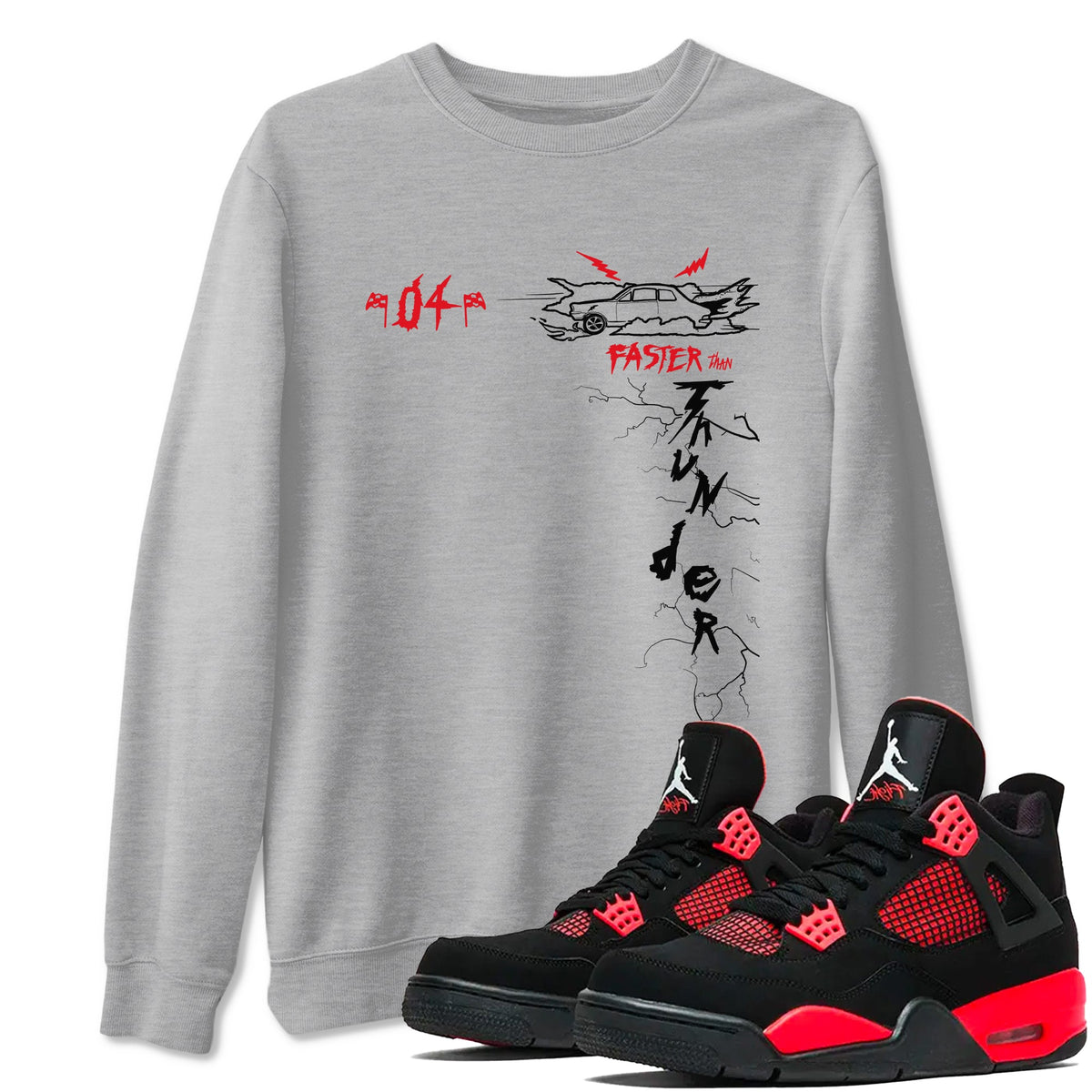 4s Red Thunder shirts to match jordans Faster Than Thunder sneaker match tees Air Jordan 4 Red Thunder Drip Gear Zone streetwear brand Heather Grey 1 unisex cotton tee