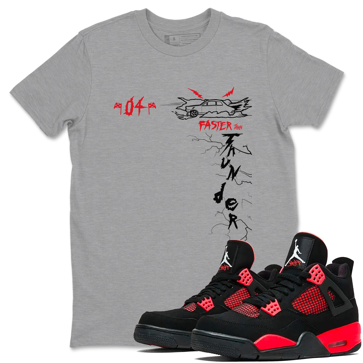 4s Red Thunder shirts to match jordans Faster Than Thunder sneaker match tees Air Jordan 4 Red Thunder Drip Gear Zone streetwear brand Heather Grey 1 unisex cotton tee