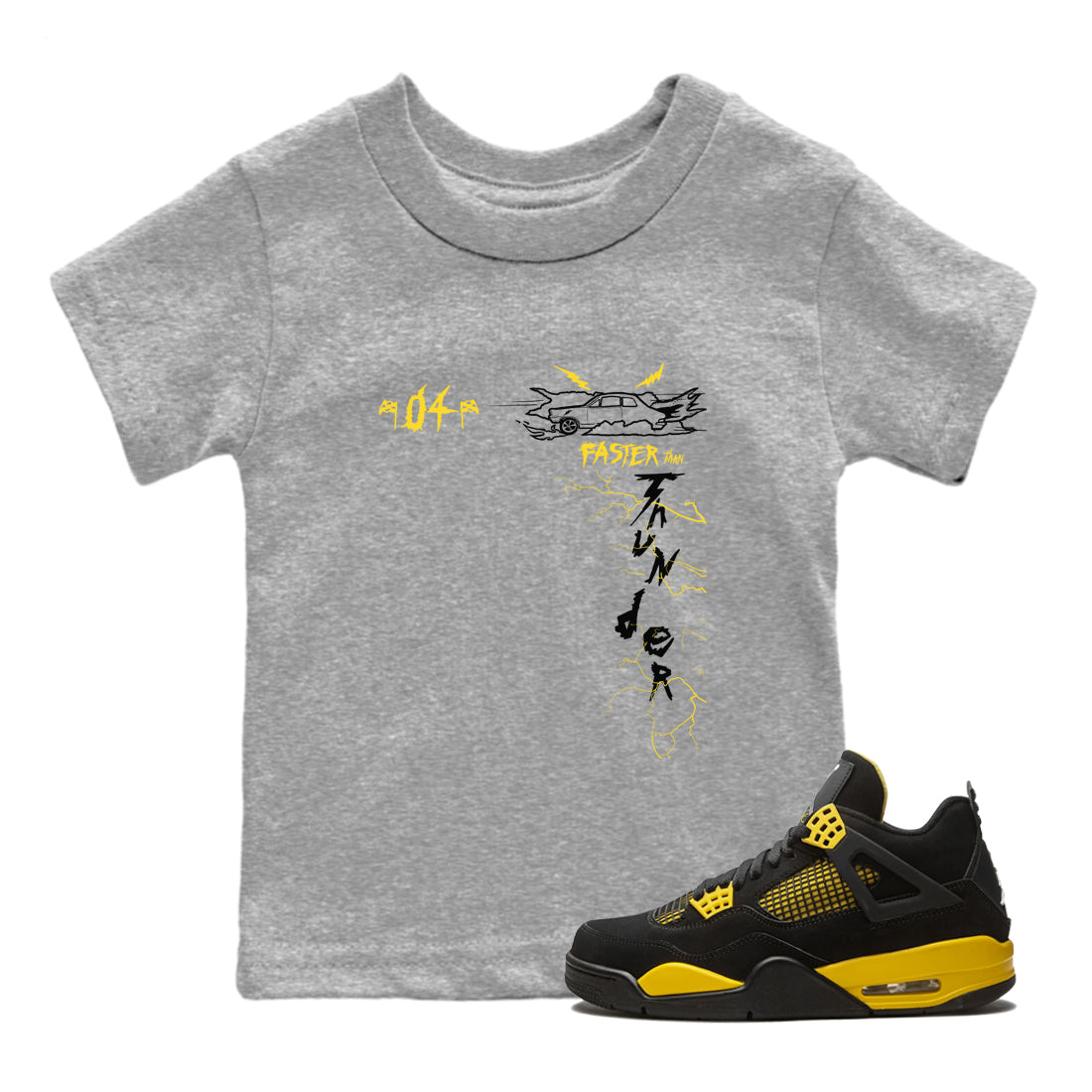 AJ4 Thunder shirts to match jordans Faster Than Thunder sneaker match tees Air Jordan 4 Thunder Drip Gear Zone streetwear brand Baby and Youth Heather Grey 1 cotton tee