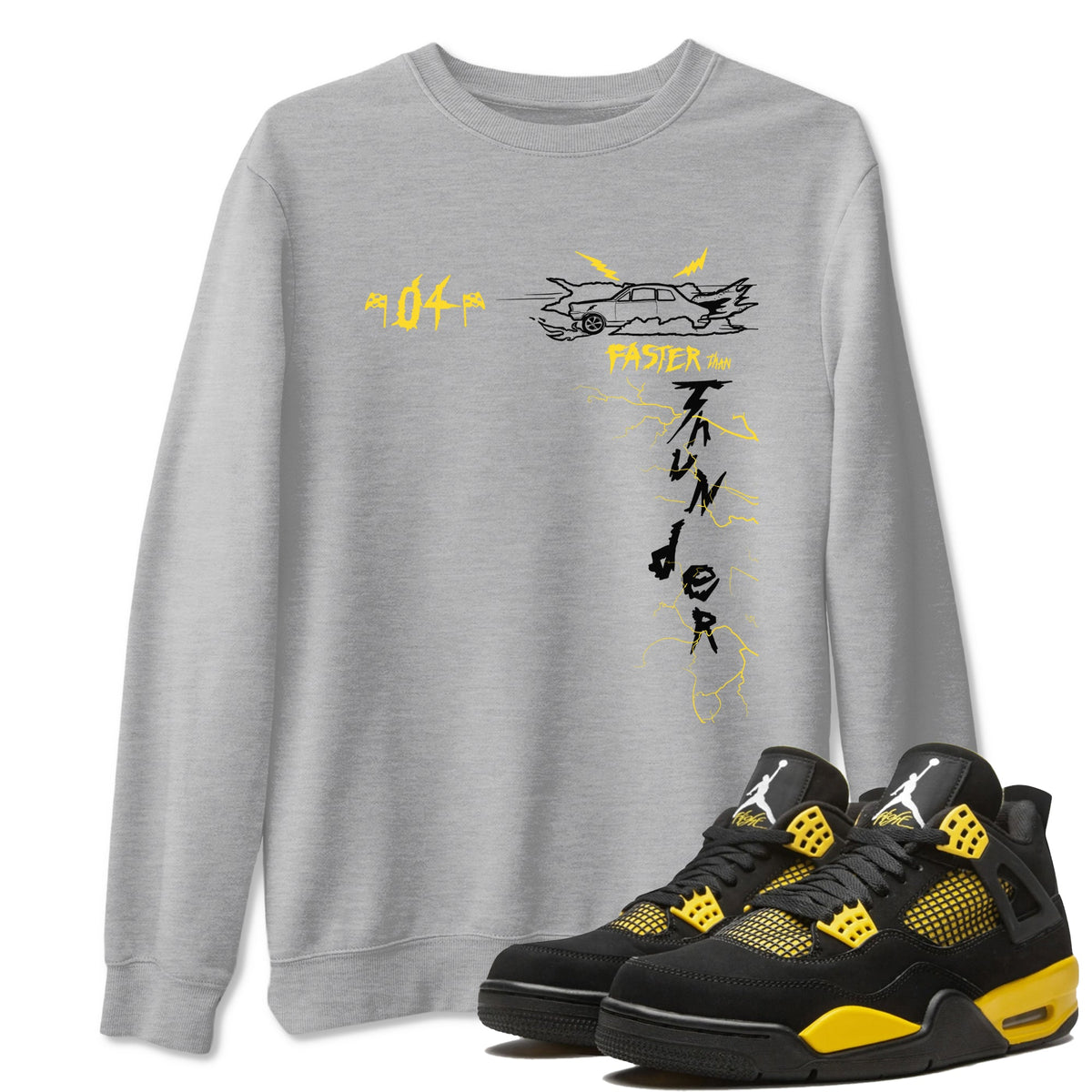AJ4 Thunder shirts to match jordans Faster Than Thunder sneaker match tees Air Jordan 4 Thunder Drip Gear Zone streetwear brand Heather Grey 1 unisex cotton tee