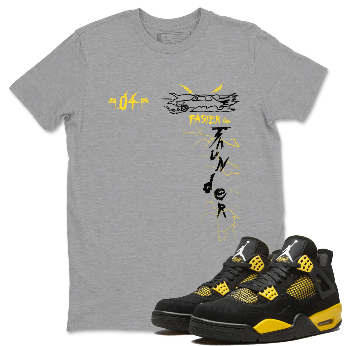 AJ4 Thunder shirts to match jordans Faster Than Thunder sneaker match tees Air Jordan 4 Thunder Drip Gear Zone streetwear brand Heather Grey 1 unisex cotton tee