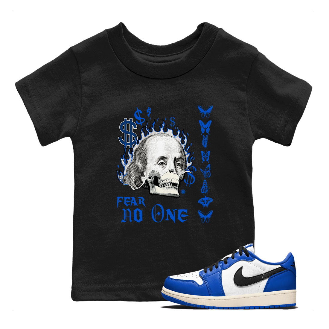 1s Game Royal shirt to match jordans Fear No One sneaker tees Air Jordan 1 Low Game Royal Drip Gear Zone baby toddler Black 1 cotton Shirt