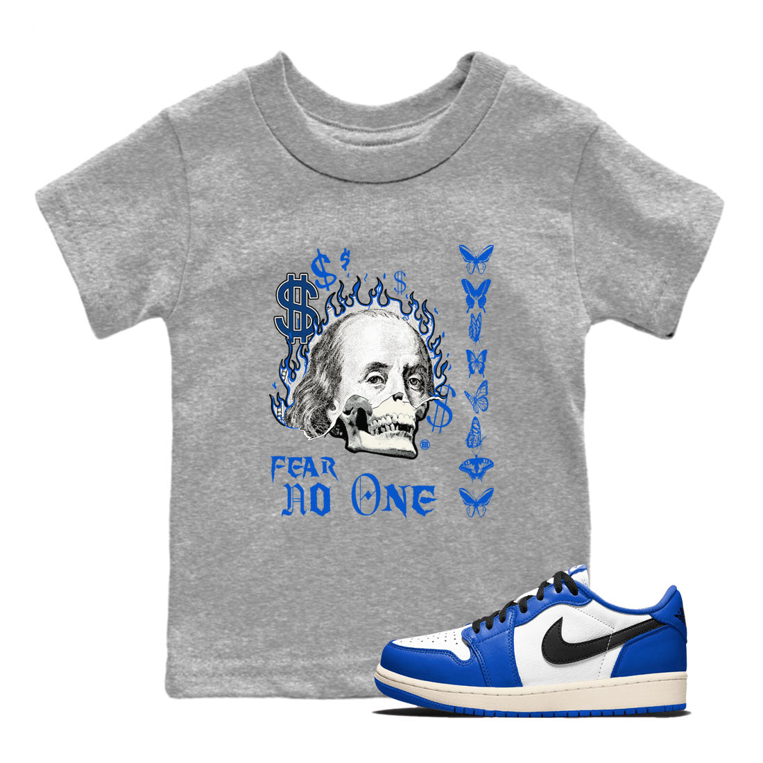 1s Game Royal shirt to match jordans Fear No One sneaker tees Air Jordan 1 Low Game Royal Drip Gear Zone baby toddler Heather Grey 1 cotton Shirt