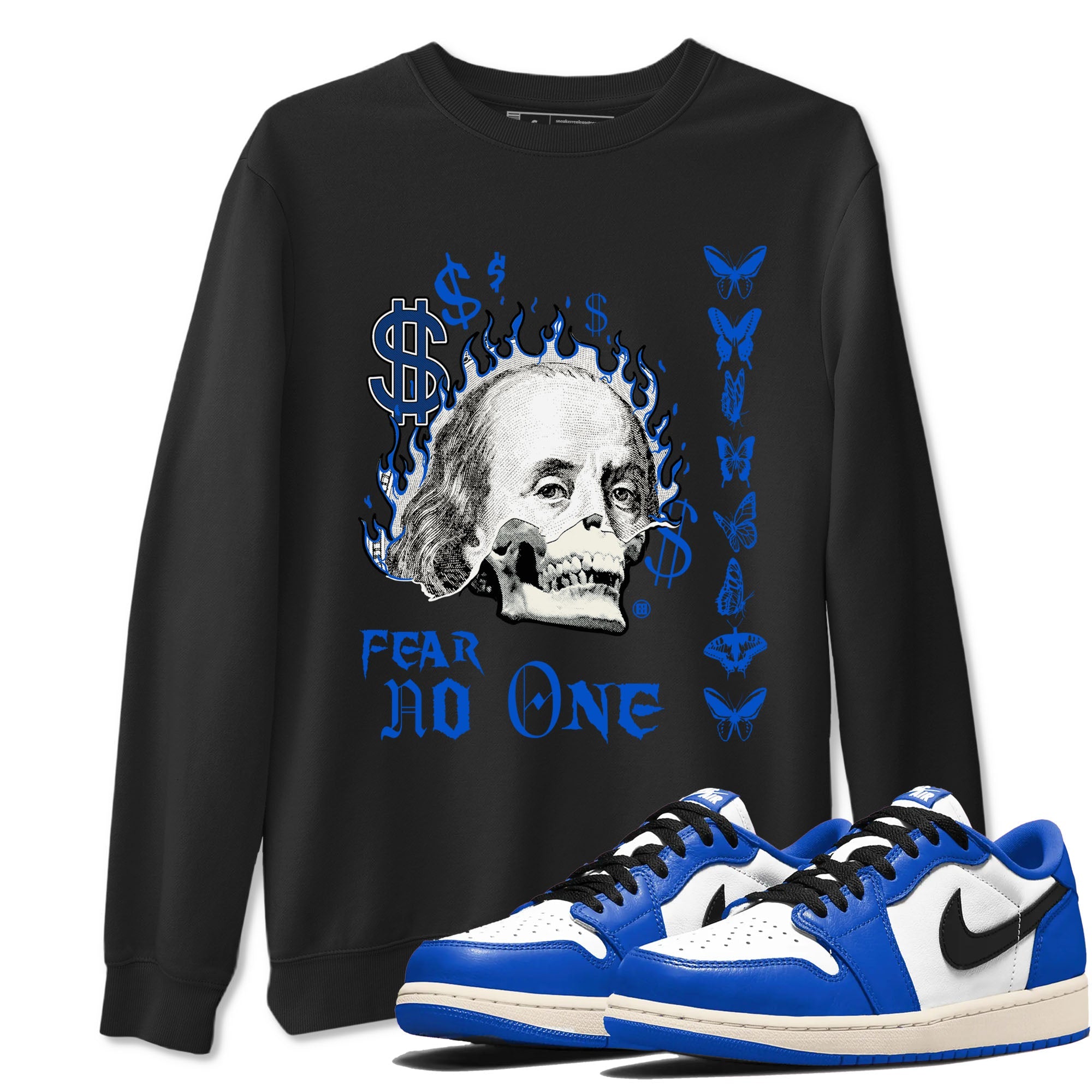 1s Game Royal shirt to match jordans Fear No One sneaker tees Air Jordan 1 Low Game Royal Drip Gear Zone unisex cotton Black 1 crew neck shirt
