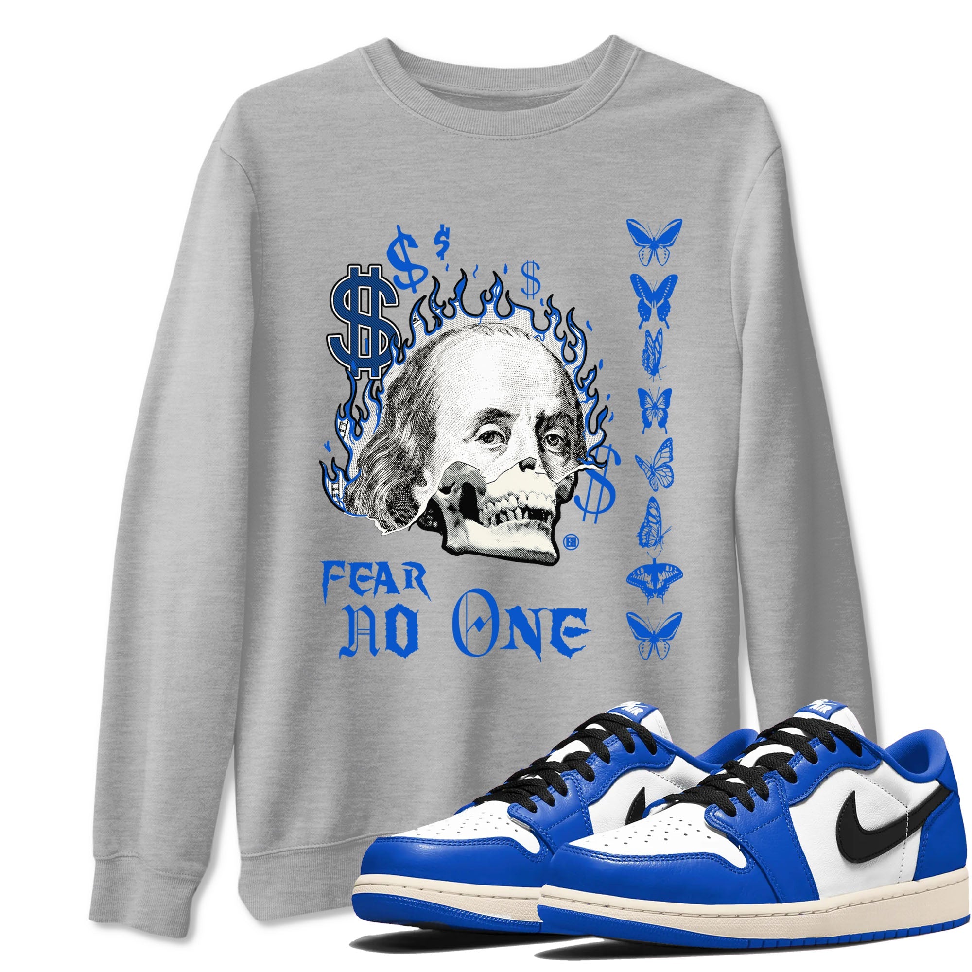 1s Game Royal shirt to match jordans Fear No One sneaker tees Air Jordan 1 Low Game Royal Drip Gear Zone unisex cotton Heather Grey 1 crew neck shirt
