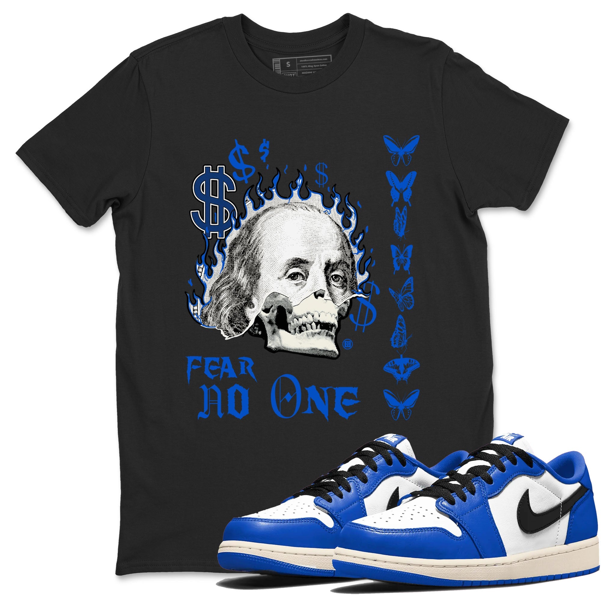 1s Game Royal shirt to match jordans Fear No One sneaker tees Air Jordan 1 Low Game Royal Drip Gear Zone unisex cotton Black 1 crew neck shirt