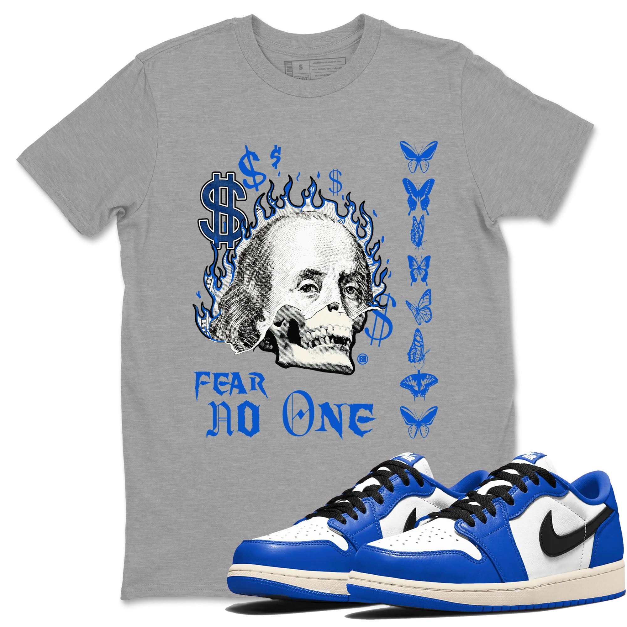 1s Game Royal shirt to match jordans Fear No One sneaker tees Air Jordan 1 Low Game Royal Drip Gear Zone unisex cotton Heather Grey 1 crew neck shirt