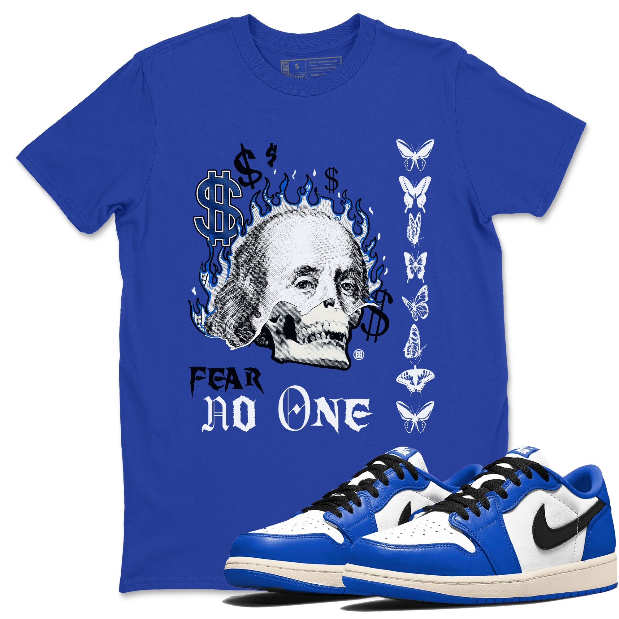 1s Game Royal shirt to match jordans Fear No One sneaker tees Air Jordan 1 Low Game Royal Drip Gear Zone unisex cotton Royal Blue 1 crew neck shirt