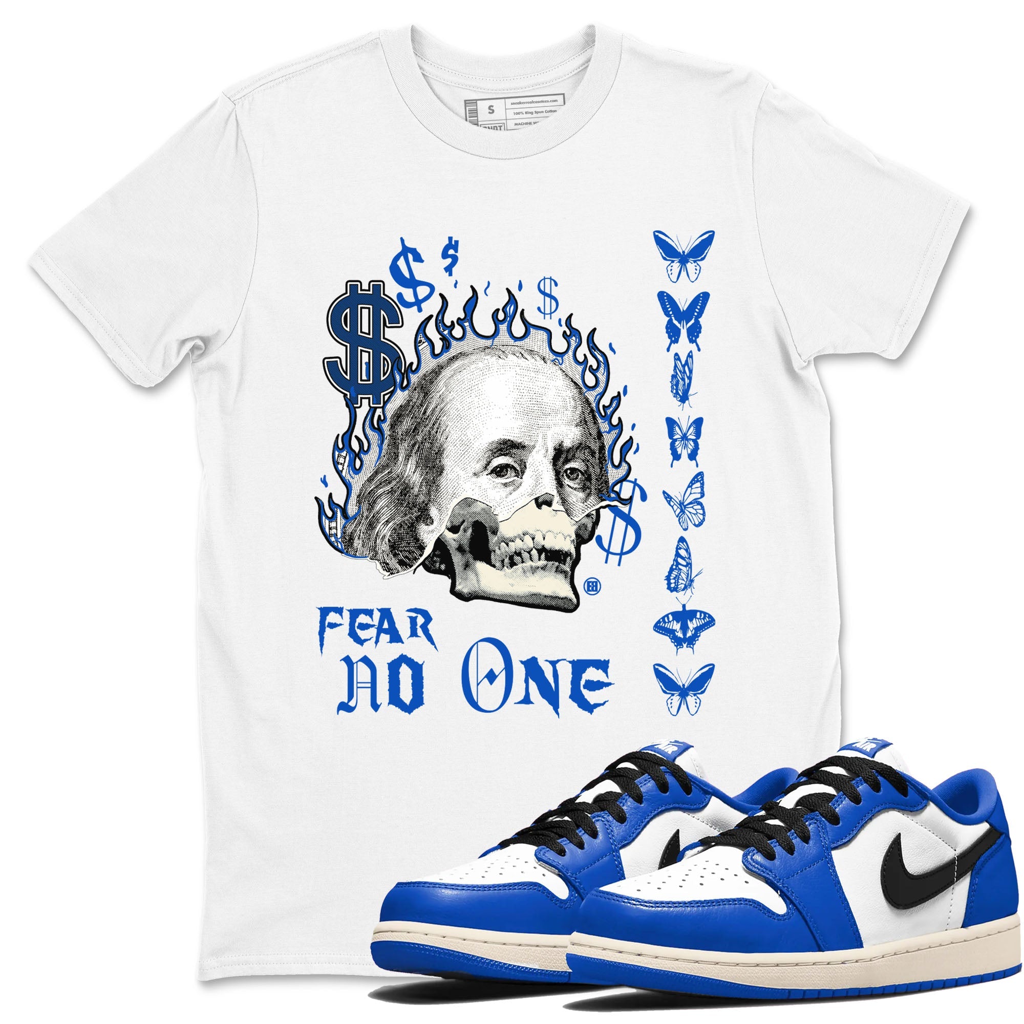 1s Game Royal shirt to match jordans Fear No One sneaker tees Air Jordan 1 Low Game Royal Drip Gear Zone unisex cotton White 1 crew neck shirt