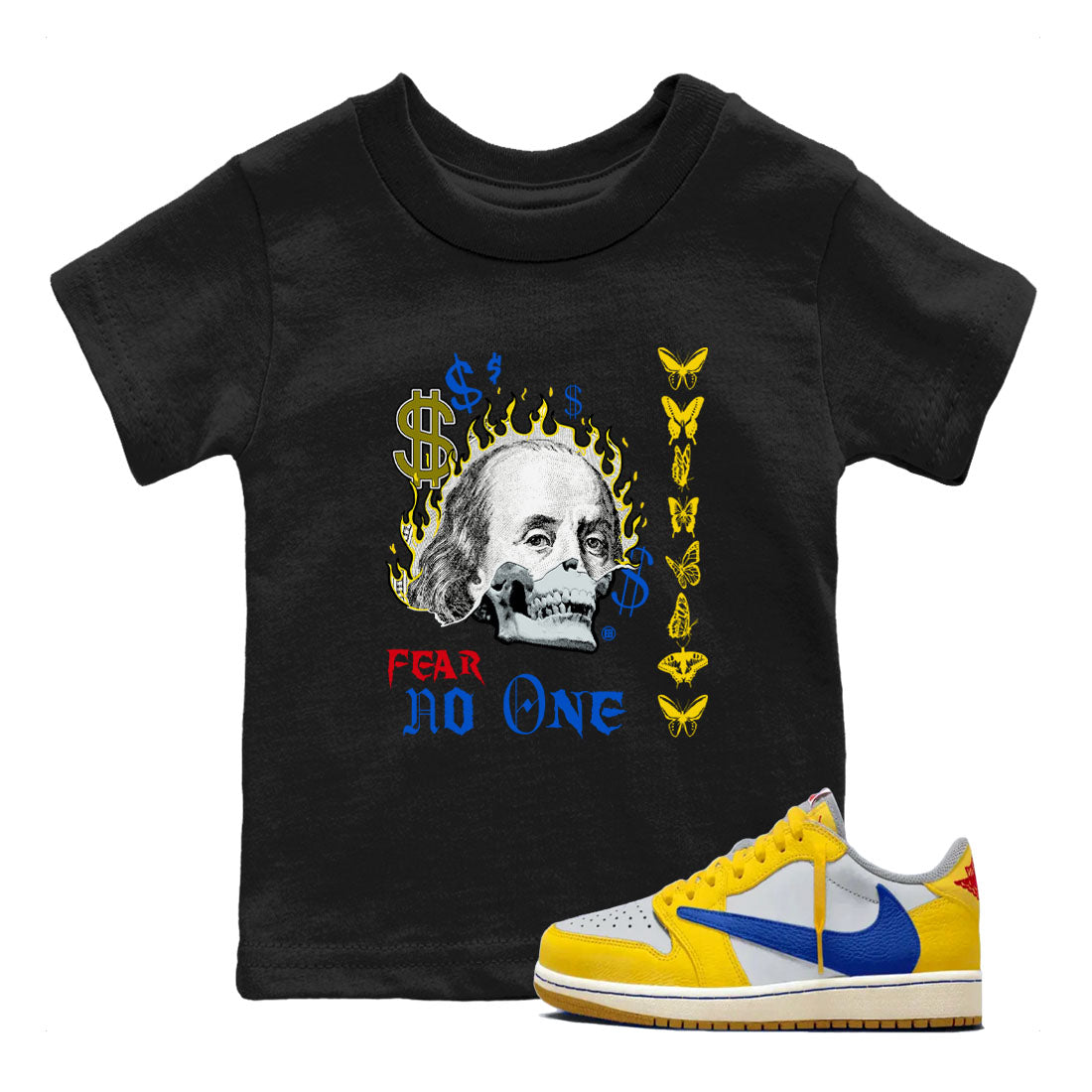 Air Jordan 1 Travis Scott Canary shirt to match jordans Fear No One sneaker tees Air Jordan 1 Low x Travis Scott x Canary Drip Gear Zone baby toddler Black 1 cotton Shirt