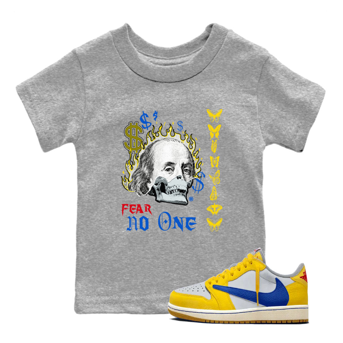 Air Jordan 1 Travis Scott Canary shirt to match jordans Fear No One sneaker tees Air Jordan 1 Low x Travis Scott x Canary Drip Gear Zone baby toddler Heather Grey 1 cotton Shirt