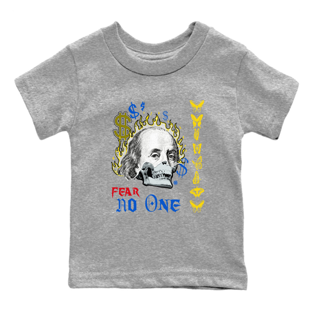 Air Jordan 1 Travis Scott Canary shirt to match jordans Fear No One sneaker tees Air Jordan 1 Low x Travis Scott x Canary Drip Gear Zone baby toddler Heather Grey 2 cotton Shirt