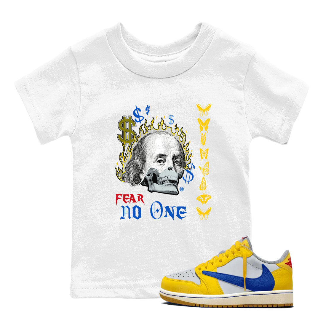 Air Jordan 1 Travis Scott Canary shirt to match jordans Fear No One sneaker tees Air Jordan 1 Low x Travis Scott x Canary Drip Gear Zone baby toddler White 1 cotton Shirt