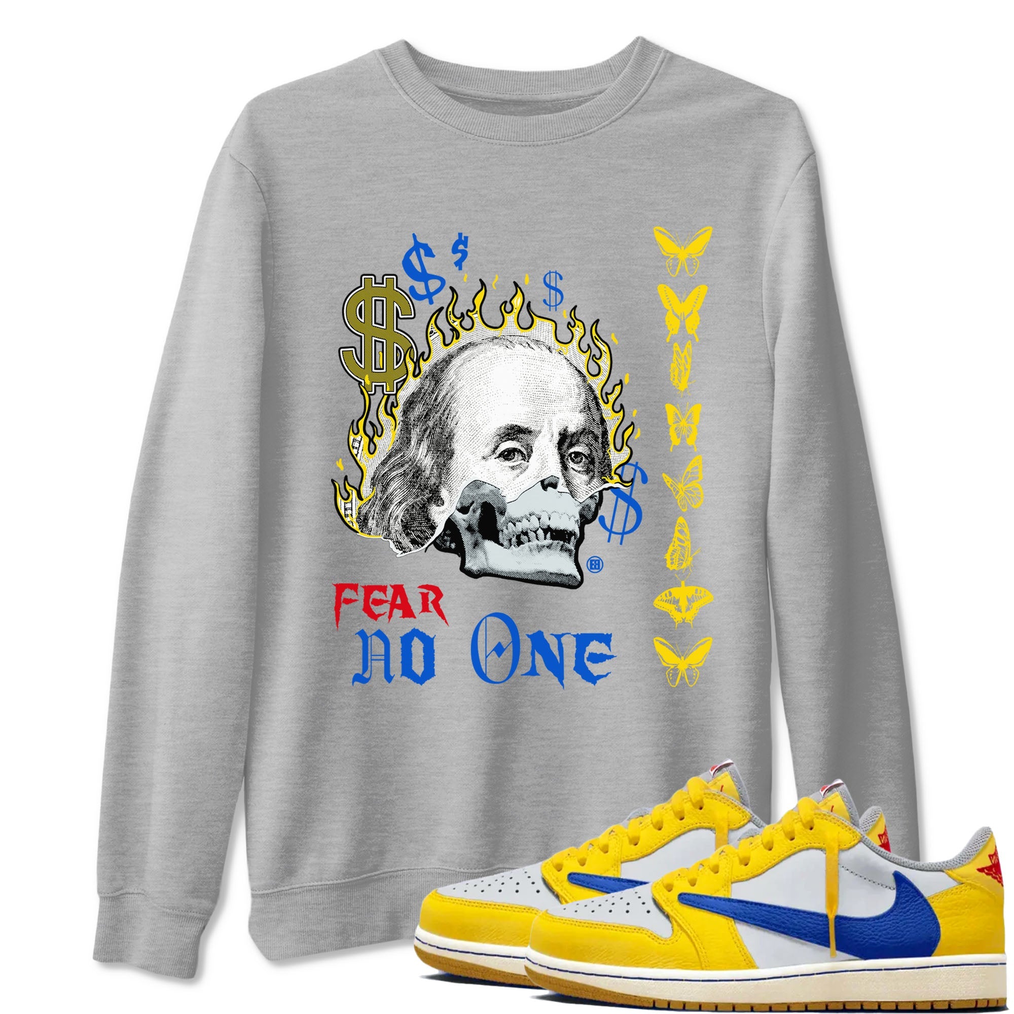 Air Jordan 1 Travis Scott Canary shirt to match jordans Fear No One sneaker tees Air Jordan 1 Low x Travis Scott x Canary Drip Gear Zone unisex cotton Heather Grey 1 crew neck shirt
