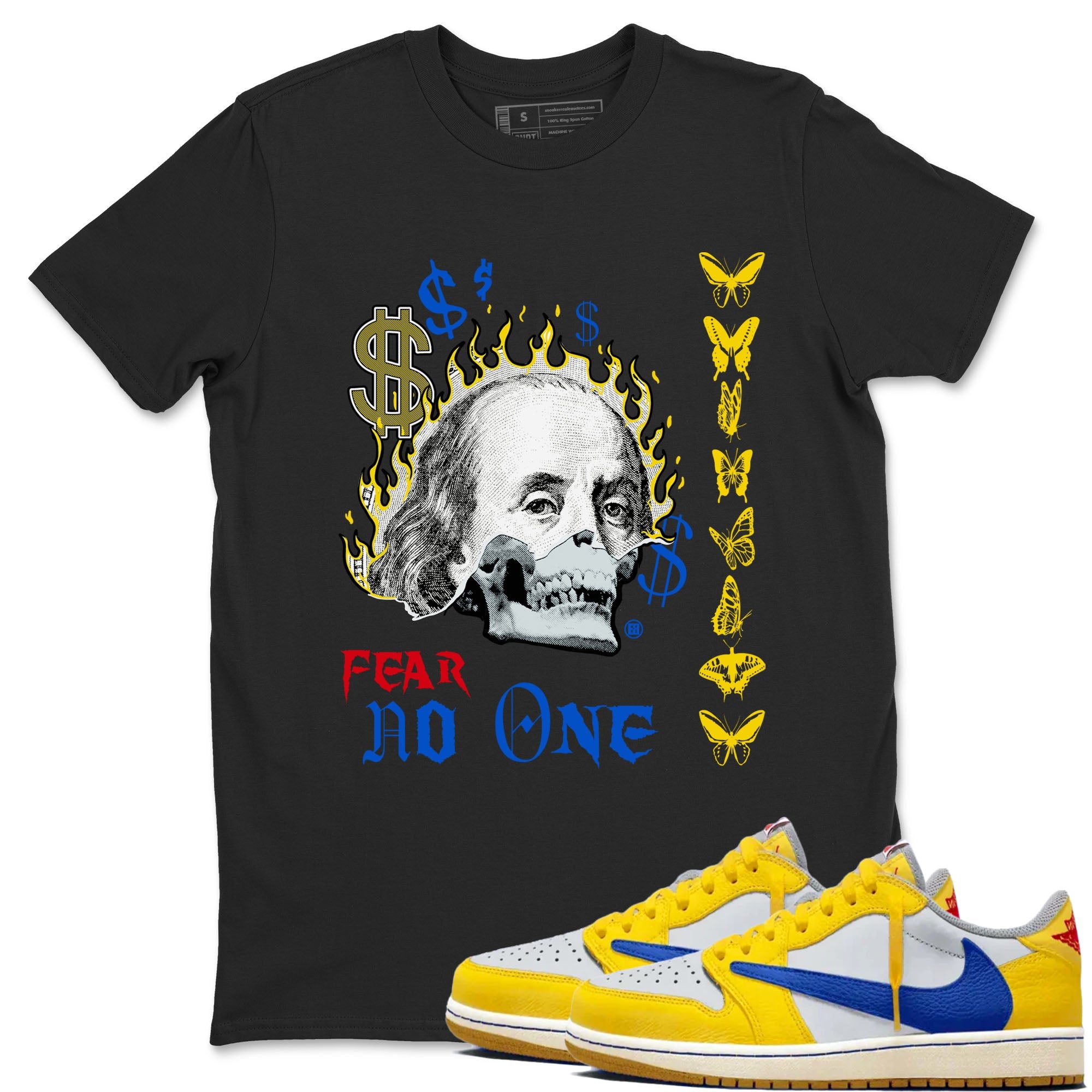 Air Jordan 1 Travis Scott Canary shirt to match jordans Fear No One sneaker tees Air Jordan 1 Low x Travis Scott x Canary Drip Gear Zone unisex cotton Black 1 crew neck shirt
