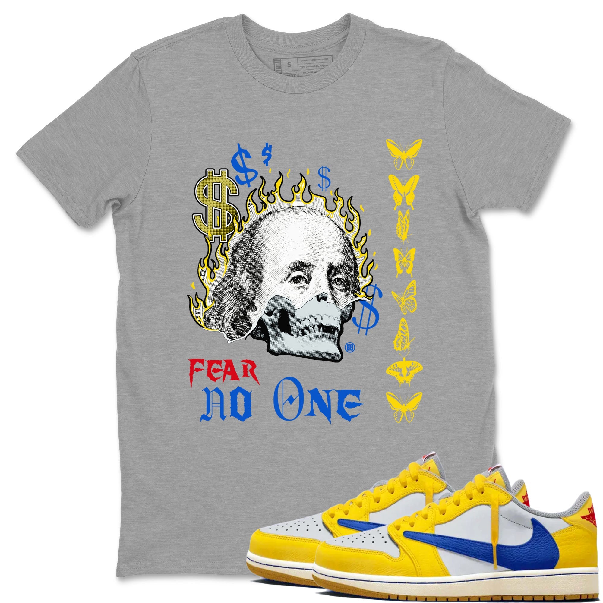 Air Jordan 1 Travis Scott Canary shirt to match jordans Fear No One sneaker tees Air Jordan 1 Low x Travis Scott x Canary Drip Gear Zone unisex cotton Heather Grey 1 crew neck shirt