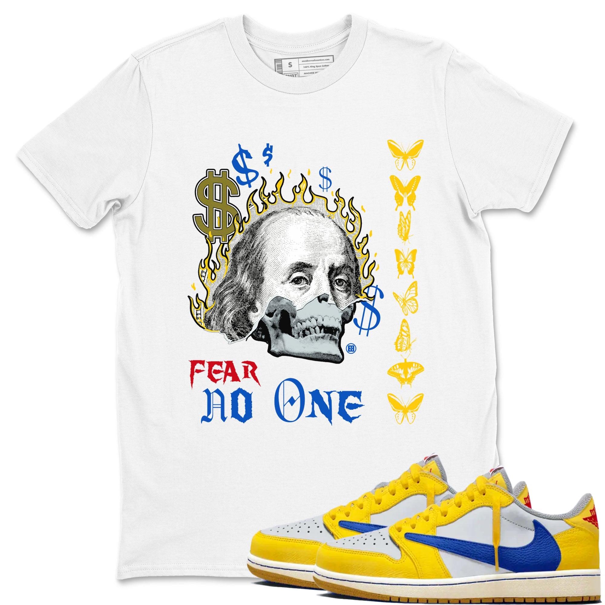 Air Jordan 1 Travis Scott Canary shirt to match jordans Fear No One sneaker tees Air Jordan 1 Low x Travis Scott x Canary Drip Gear Zone unisex cotton White 1 crew neck shirt