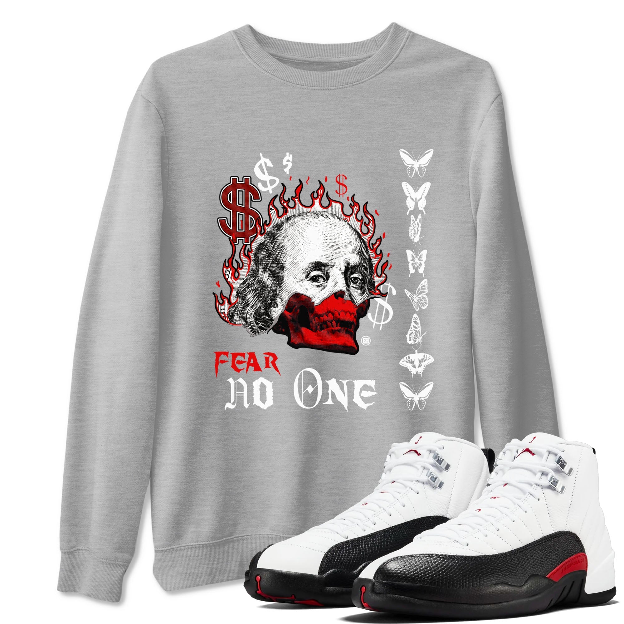 12s Taxi Flip shirt to match jordans Fear No One sneaker tees Air Jordan 12 Taxi Flip Drip Gear Zone unisex cotton Heather Grey 1 crew neck shirt