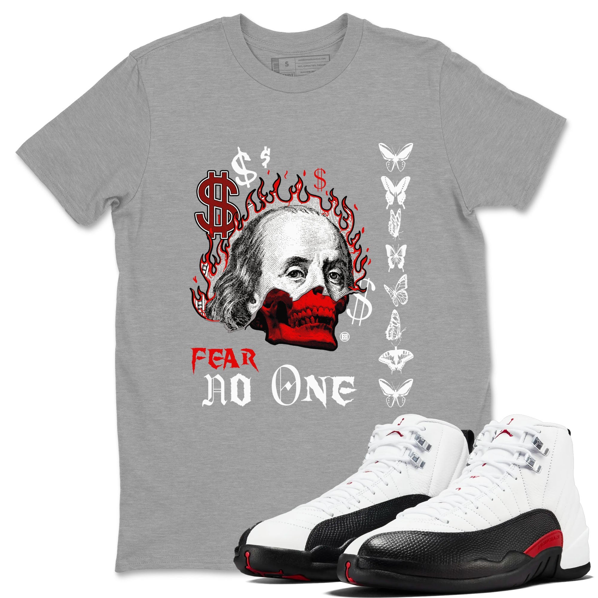 12s Taxi Flip shirt to match jordans Fear No One sneaker tees Air Jordan 12 Taxi Flip Drip Gear Zone unisex cotton Heather Grey 1 crew neck shirt