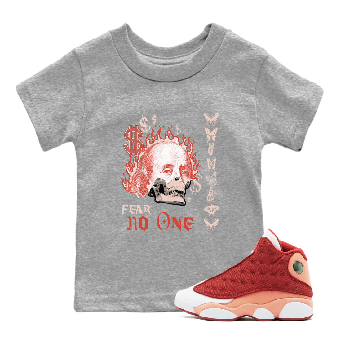 13s Dune Red shirts to match jordans Fear No One sneaker match tees Air Jordan 13 Dune Red Drip Gear Zone streetwear brand Baby and Youth Heather Grey 1 cotton tee