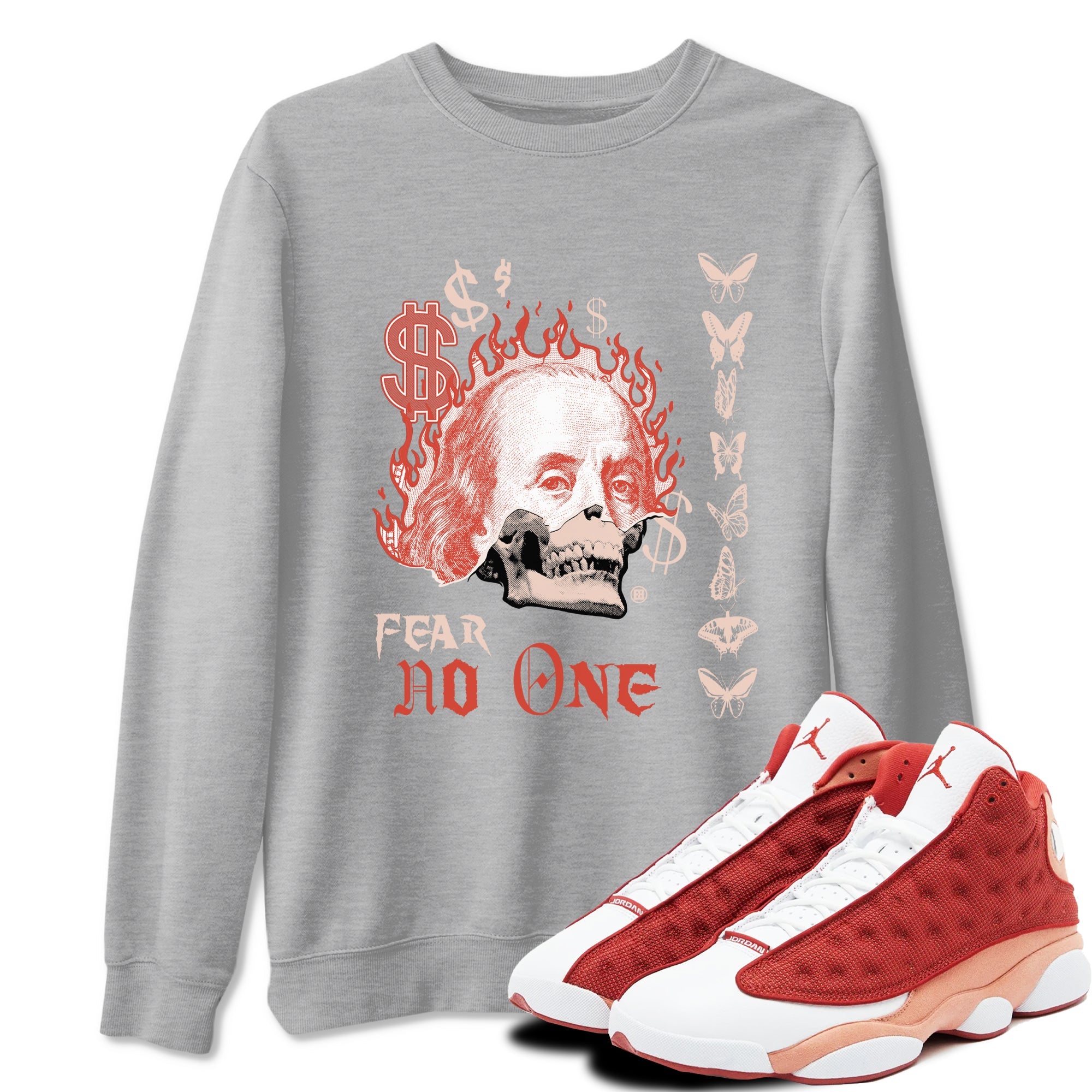 13s Dune Red shirts to match jordans Fear No One sneaker match tees Air Jordan 13 Dune Red Drip Gear Zone streetwear brand Heather Grey 1 unisex cotton tee
