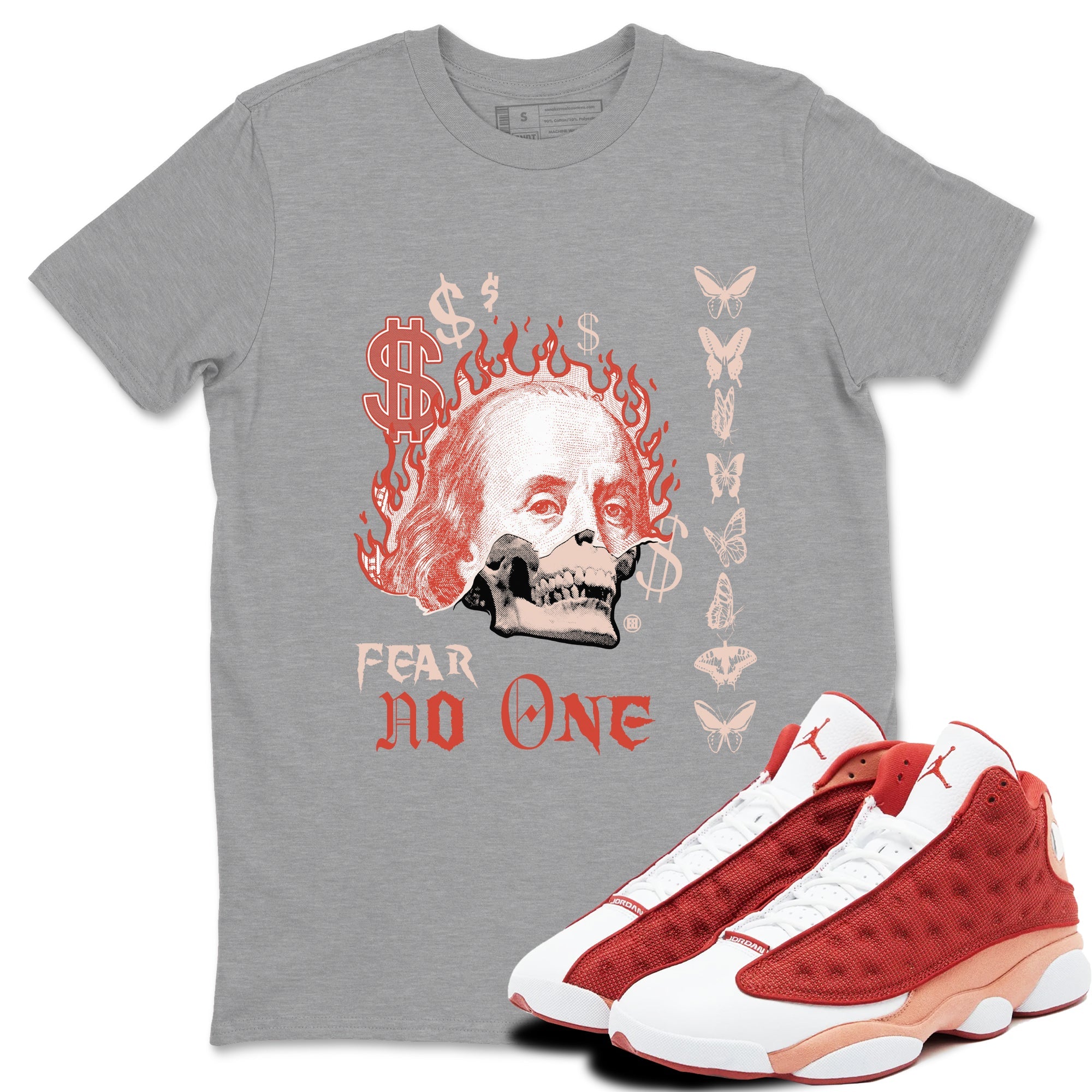 13s Dune Red shirts to match jordans Fear No One sneaker match tees Air Jordan 13 Dune Red Drip Gear Zone streetwear brand Heather Grey 1 unisex cotton tee