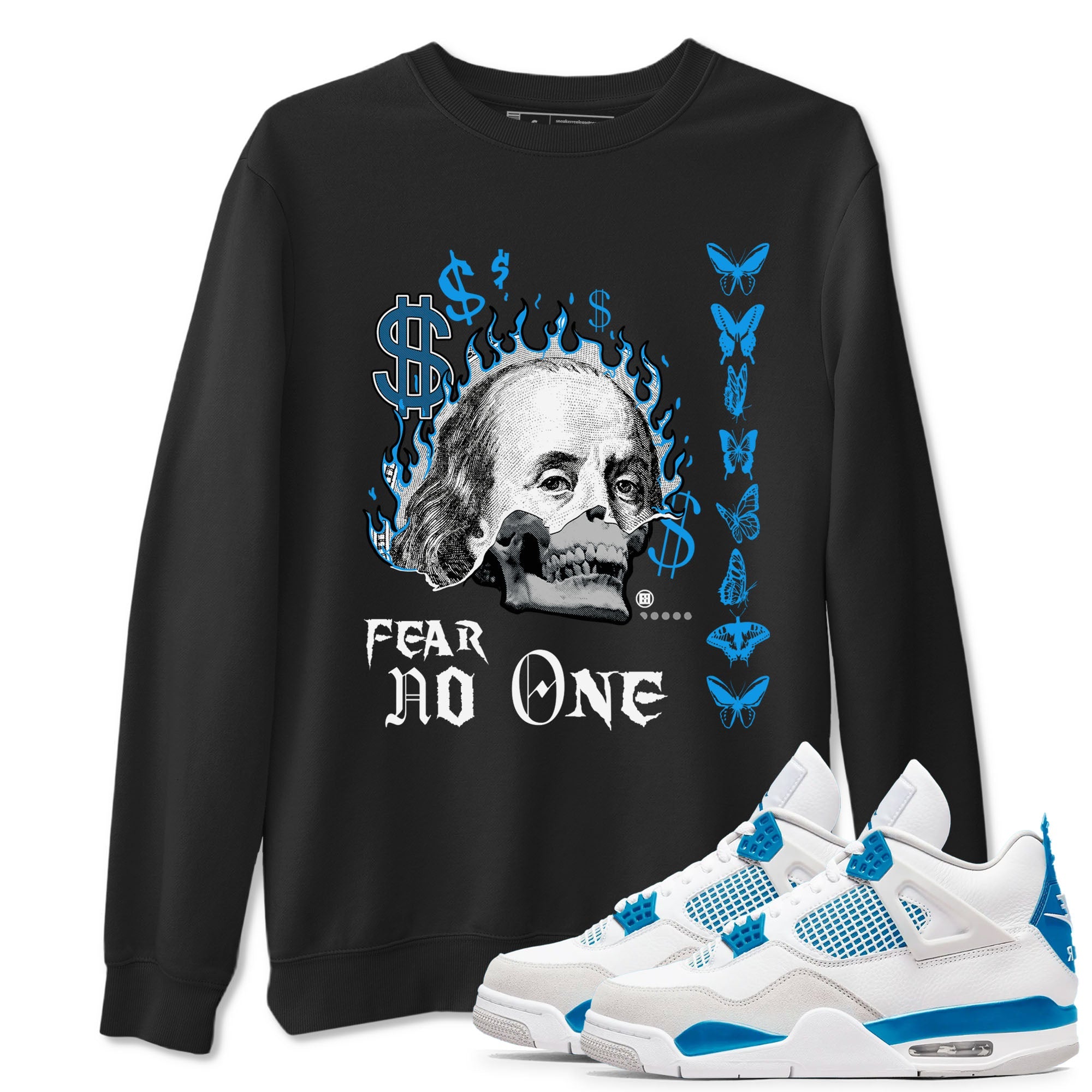 AJ4 Military Blue shirt to match jordans Fear No One sneaker tees Air Jordan 4 Military Blue Drip Gear Zone unisex cotton Black 1 crew neck shirt