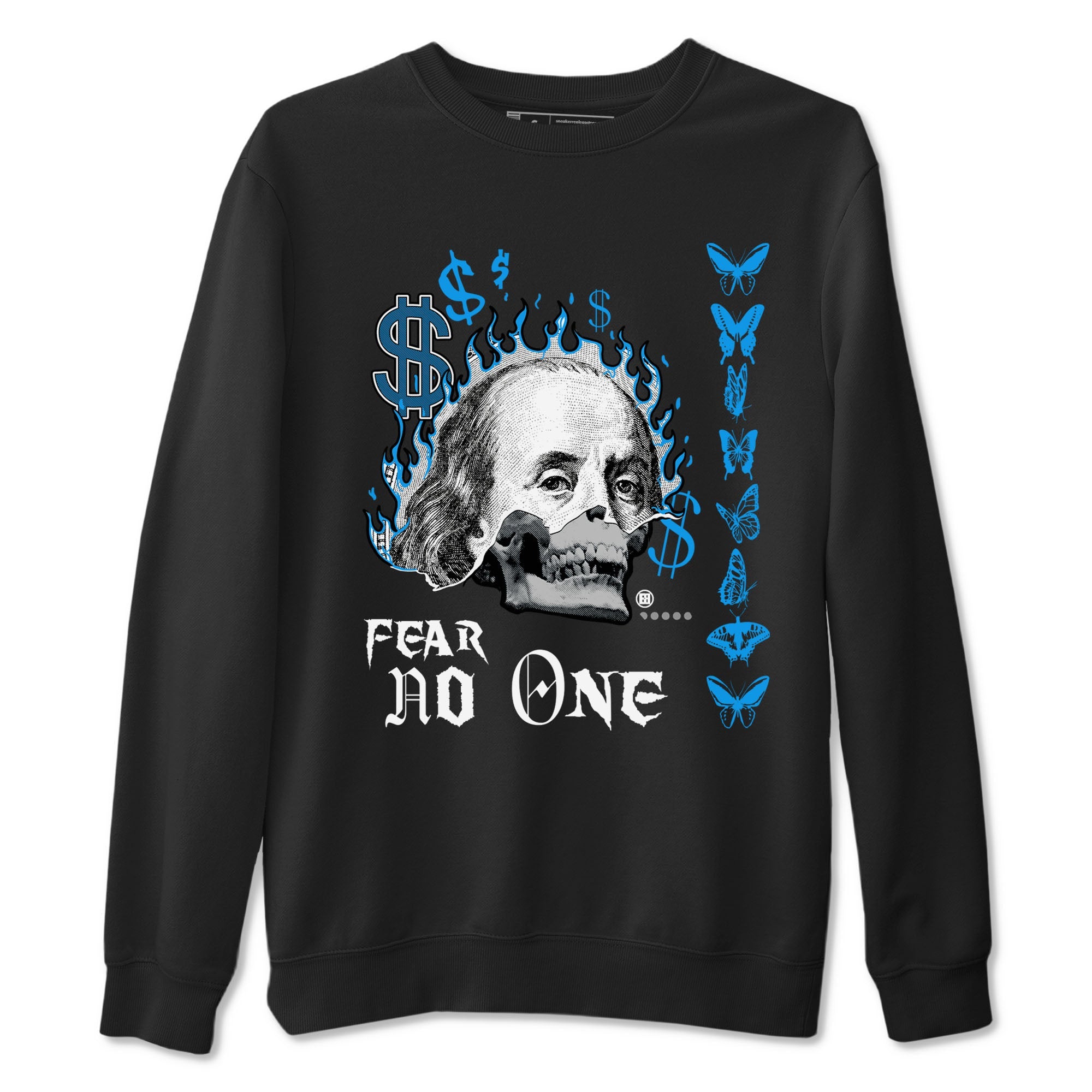 AJ4 Military Blue shirt to match jordans Fear No One sneaker tees Air Jordan 4 Military Blue Drip Gear Zone unisex cotton Black 2 crew neck shirt