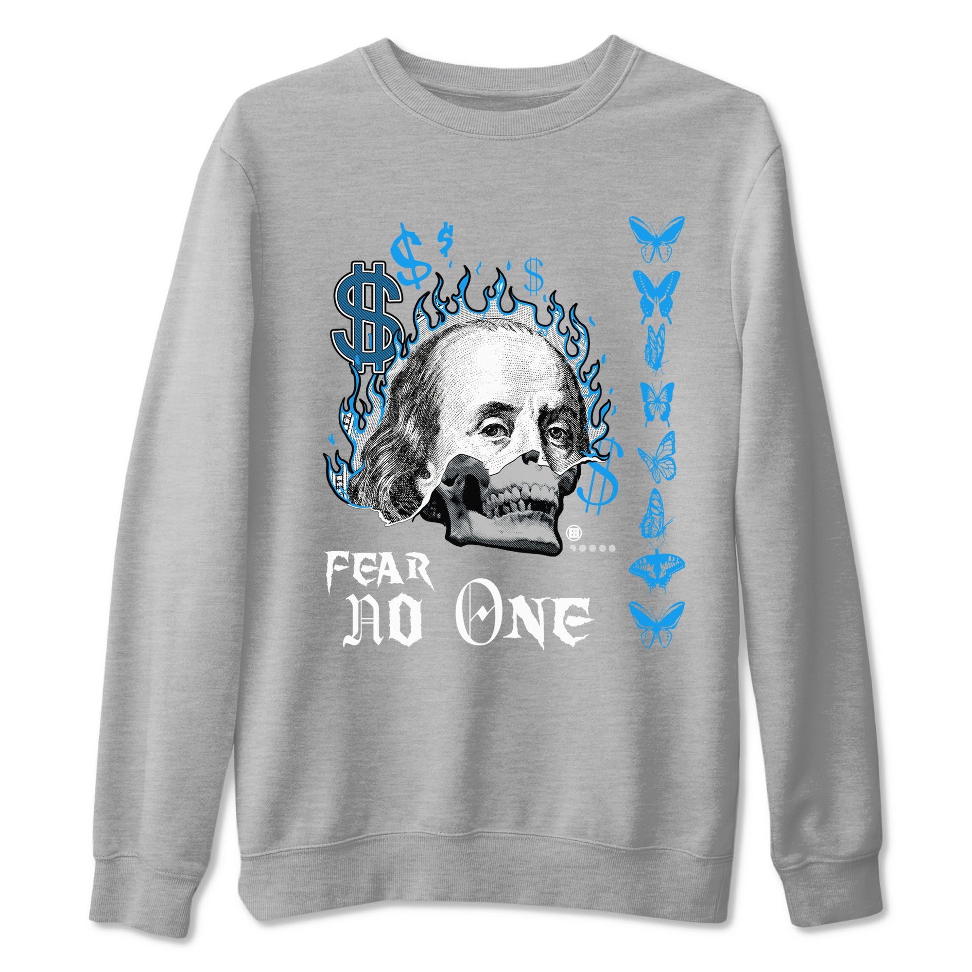 AJ4 Military Blue shirt to match jordans Fear No One sneaker tees Air Jordan 4 Military Blue Drip Gear Zone unisex cotton Heather Grey 2 crew neck shirt