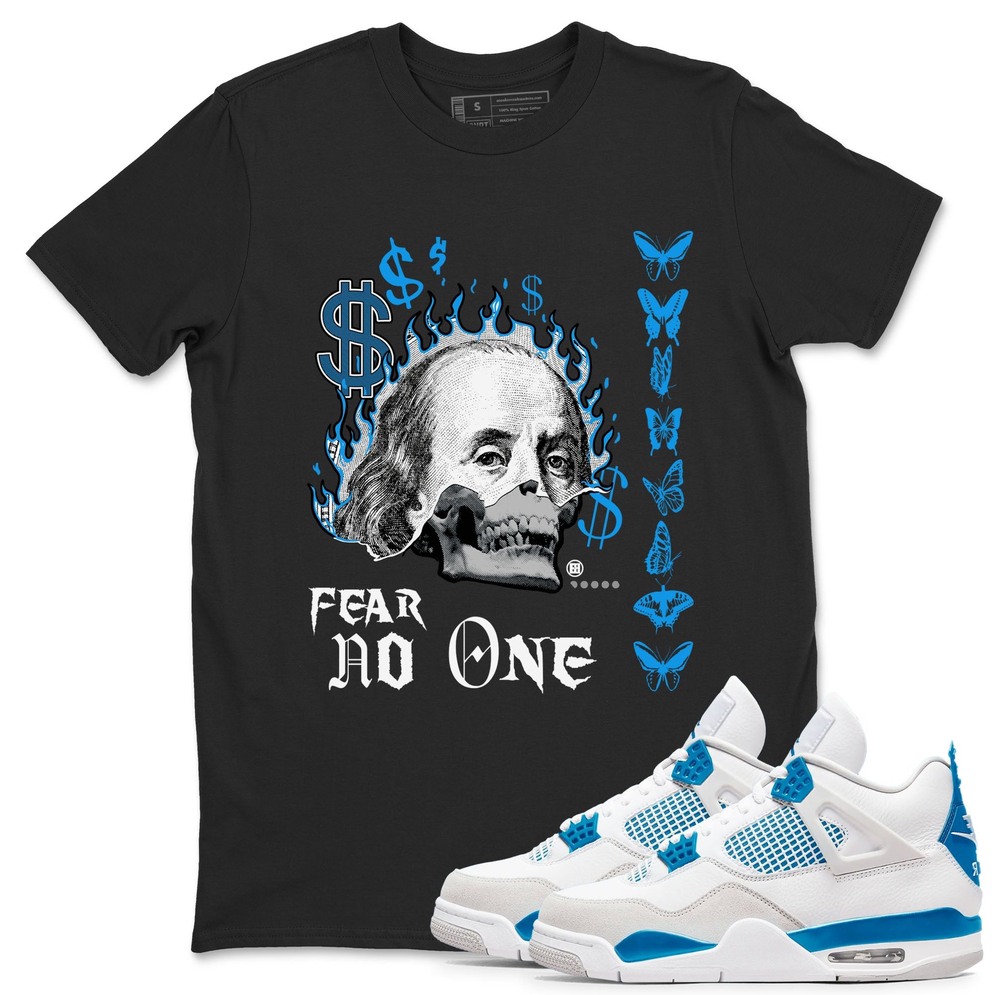 AJ4 Military Blue shirt to match jordans Fear No One sneaker tees Air Jordan 4 Military Blue Drip Gear Zone unisex cotton Black 1 crew neck shirt