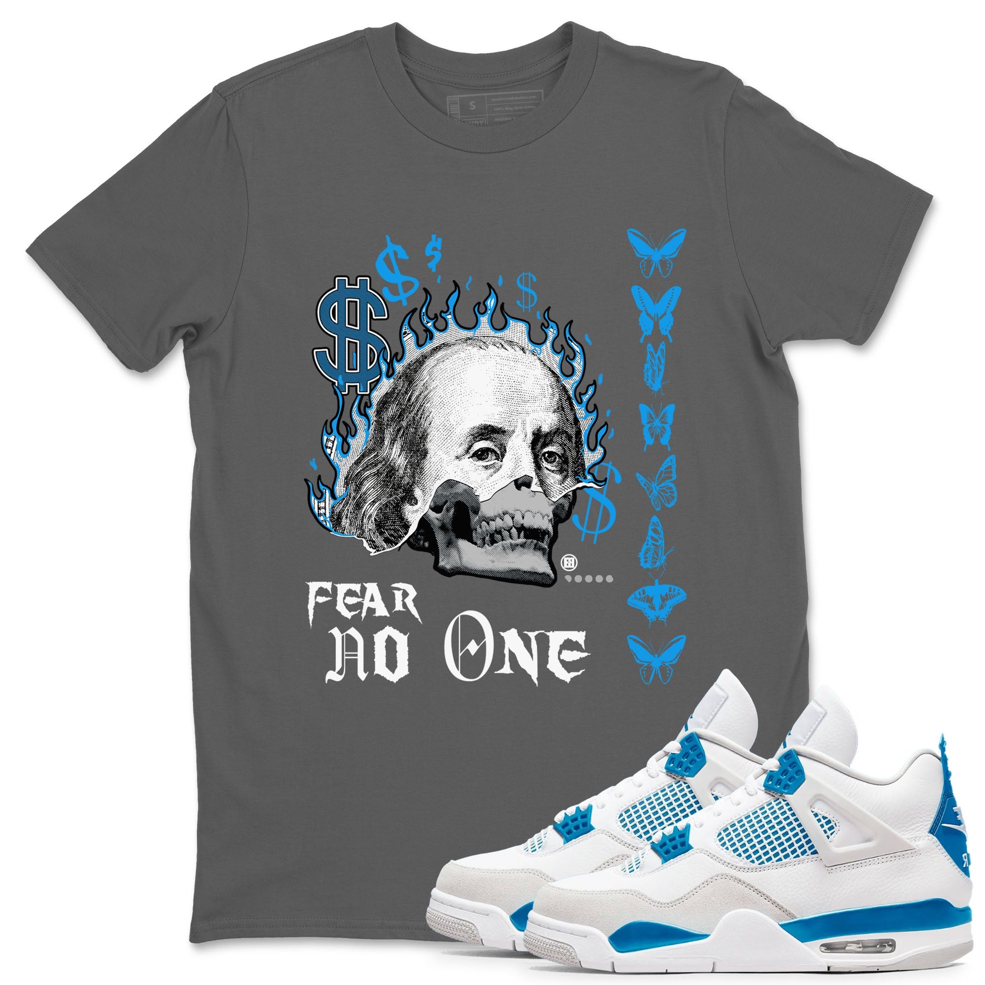 AJ4 Military Blue shirt to match jordans Fear No One sneaker tees Air Jordan 4 Military Blue Drip Gear Zone unisex cotton Cool Grey 1 crew neck shirt