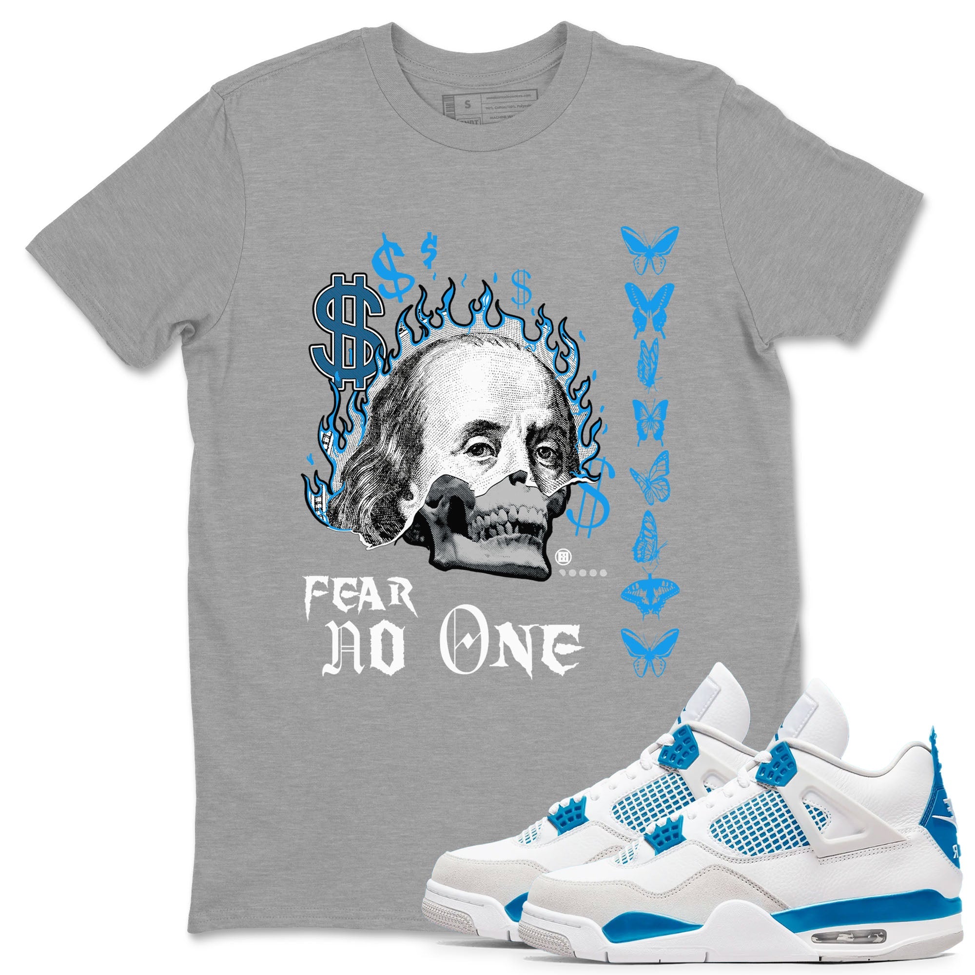 AJ4 Military Blue shirt to match jordans Fear No One sneaker tees Air Jordan 4 Military Blue Drip Gear Zone unisex cotton Heather Grey 1 crew neck shirt