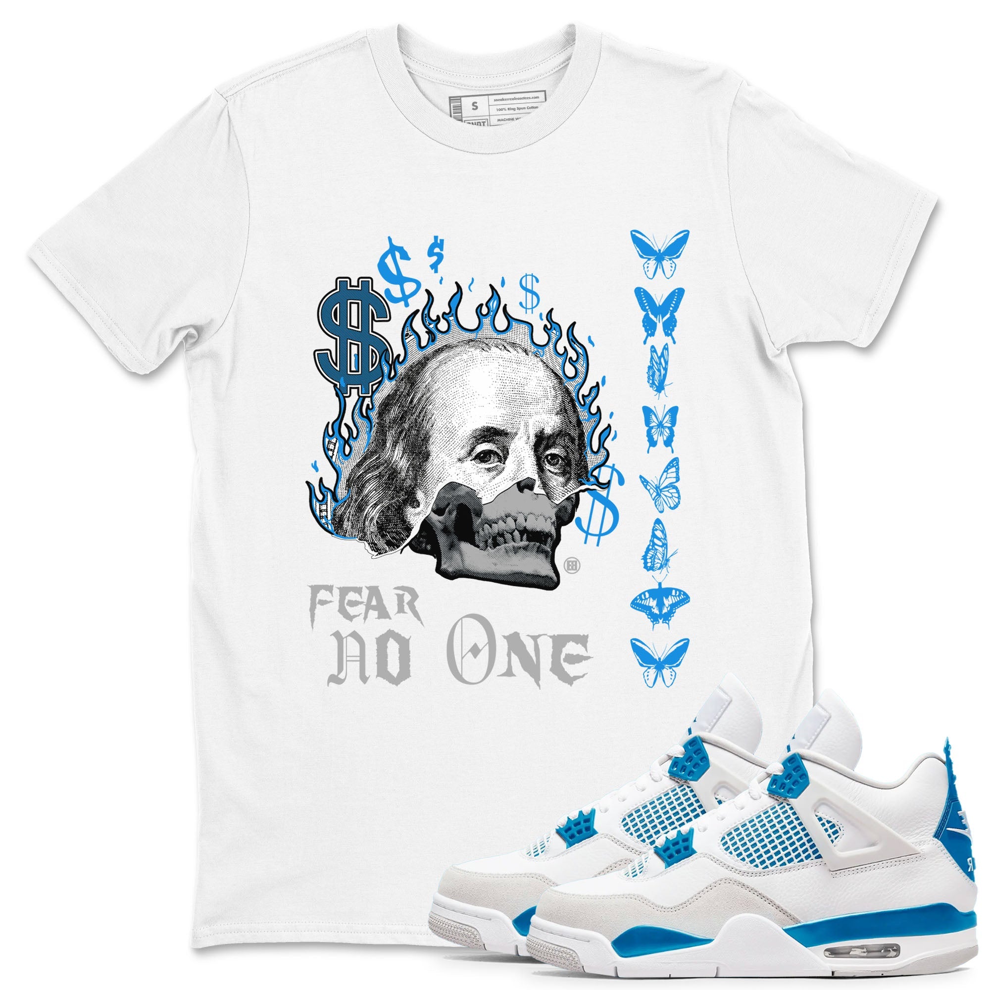 AJ4 Military Blue shirt to match jordans Fear No One sneaker tees Air Jordan 4 Military Blue Drip Gear Zone unisex cotton White 1 crew neck shirt