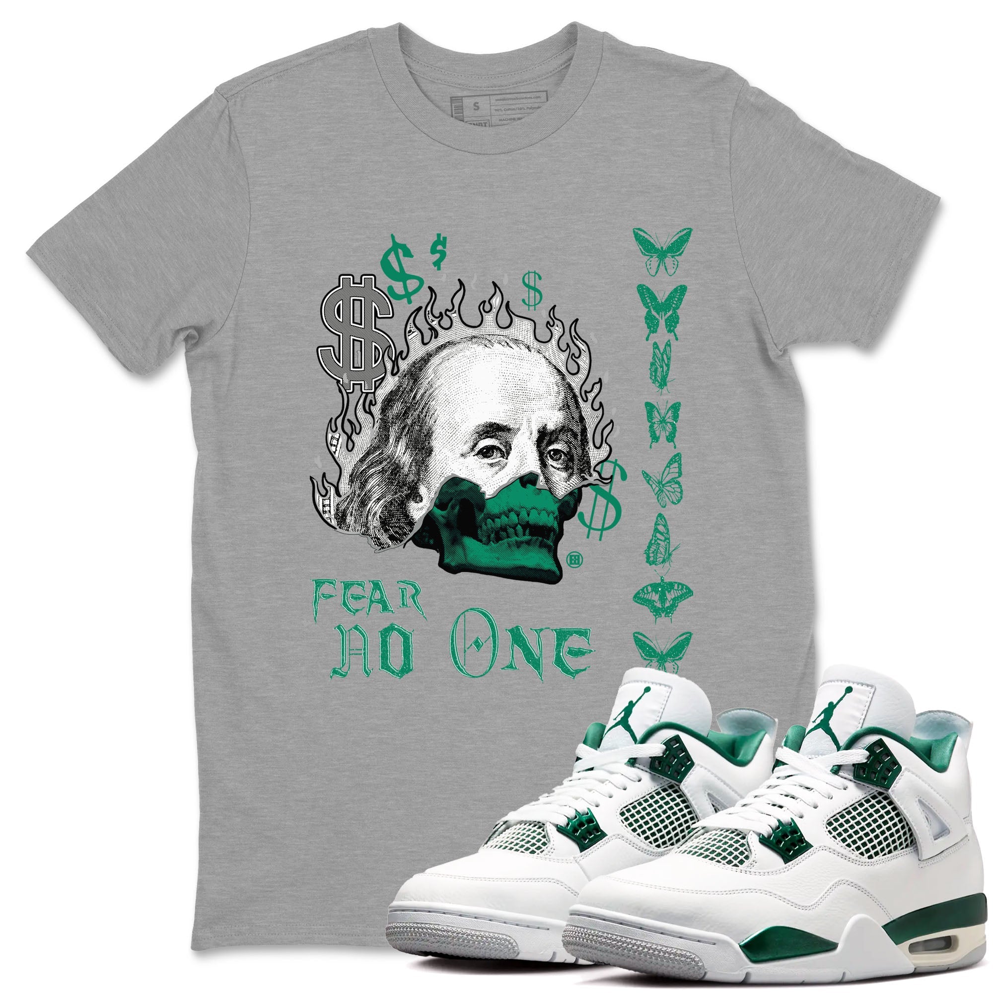 4s Oxidized Green shirts to match jordans Fear No One sneaker match tees Air Jordan 4 Oxidized Green Drip Gear Zone streetwear brand Heather Grey 1 unisex cotton tee