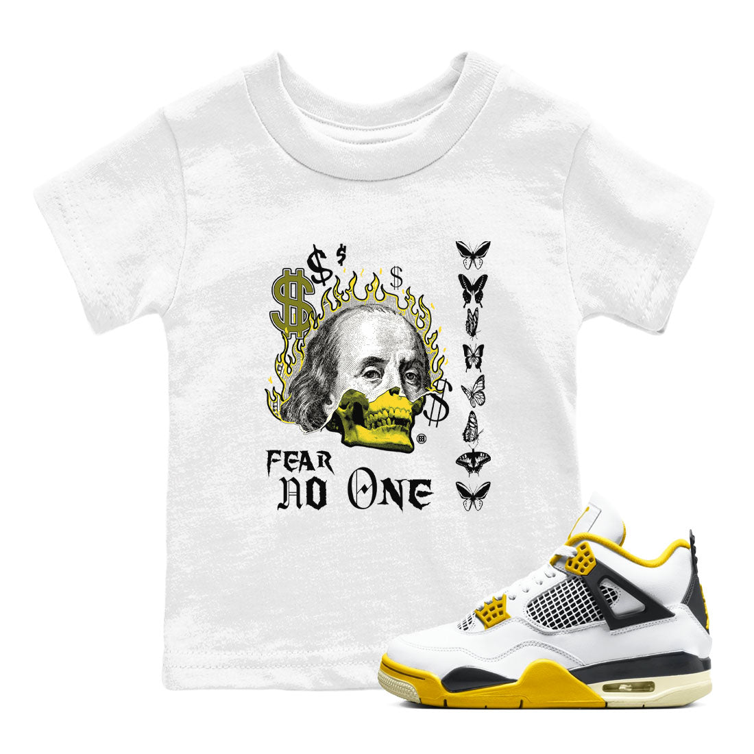 4s Vivid Sulfur shirt to match jordans Fear No One sneaker tees Air Jordan 4 Vivid Sulfur Drip Gear Zone baby toddler White 1 cotton Shirt
