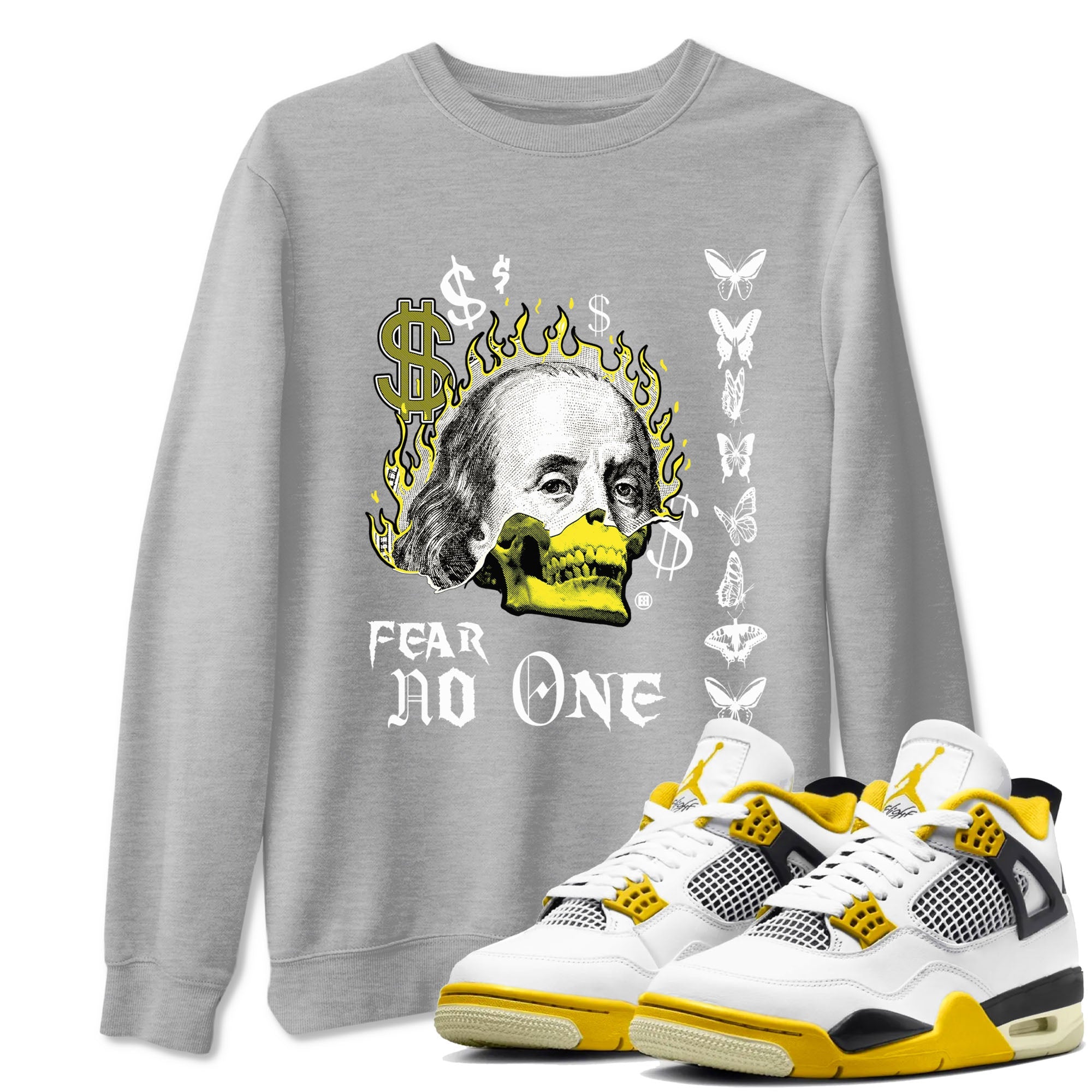 4s Vivid Sulfur shirt to match jordans Fear No One sneaker tees Air Jordan 4 Vivid Sulfur Drip Gear Zone unisex cotton Heather Grey 1 crew neck shirt