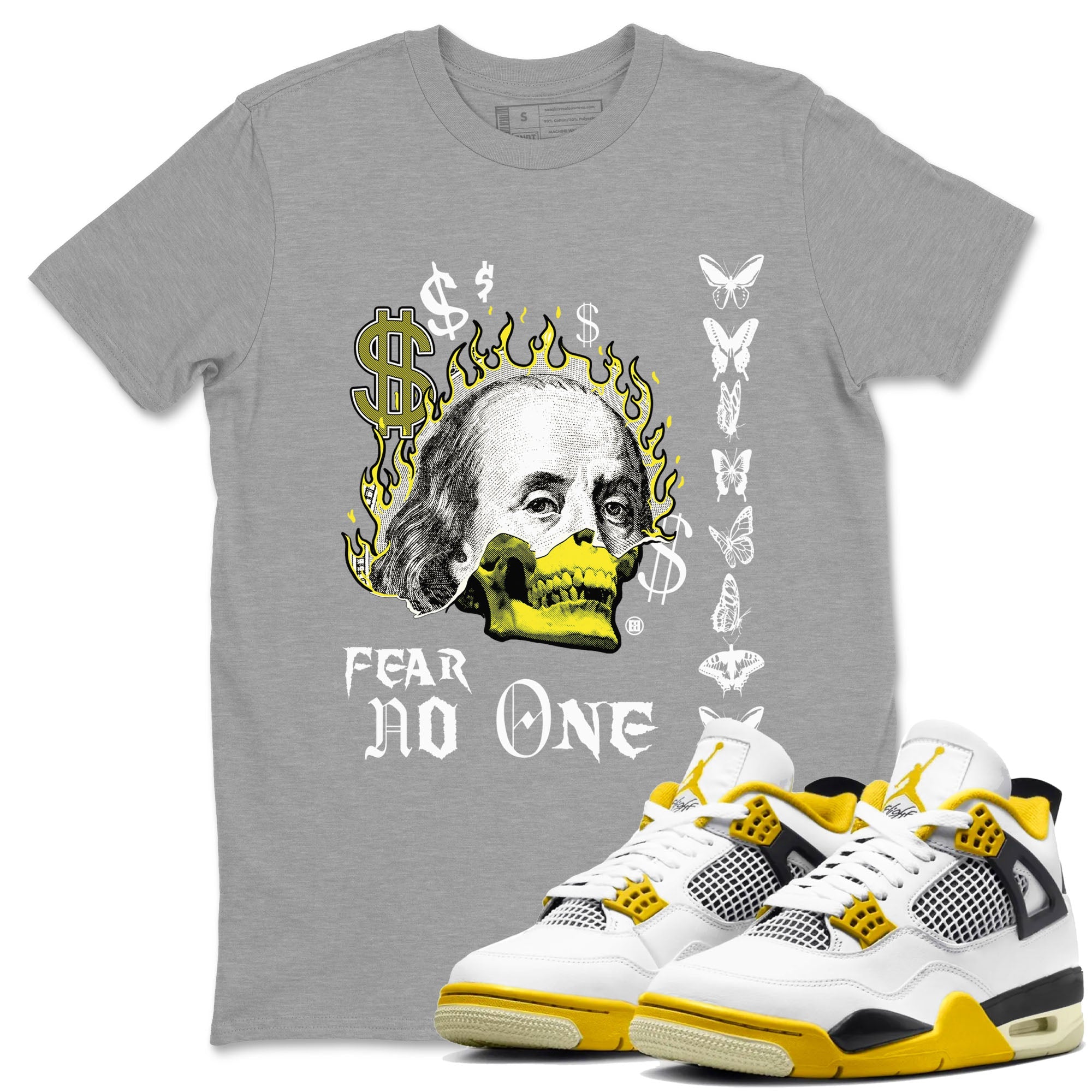 4s Vivid Sulfur shirt to match jordans Fear No One sneaker tees Air Jordan 4 Vivid Sulfur Drip Gear Zone unisex cotton Heather Grey 1 crew neck shirt