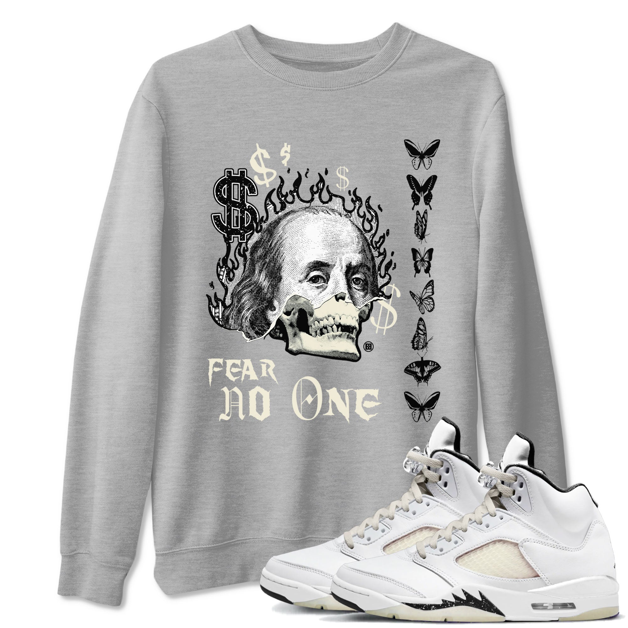 Air Jordan 5 Retro Sail shirt to match jordans Fear No One sneaker tees AJ5 Sail Drip Gear Zone unisex cotton Heather Grey 1 crew neck shirt