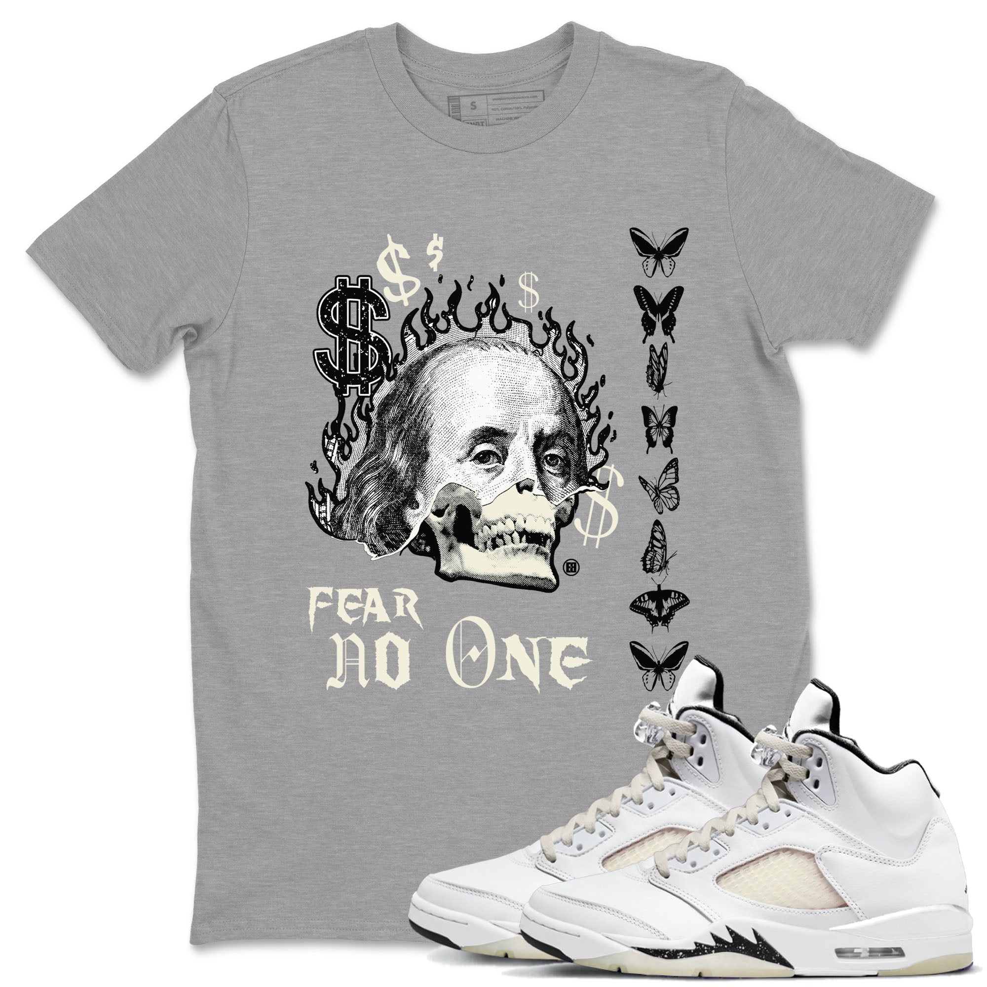 Air Jordan 5 Retro Sail shirt to match jordans Fear No One sneaker tees AJ5 Sail Drip Gear Zone unisex cotton Heather Grey 1 crew neck shirt