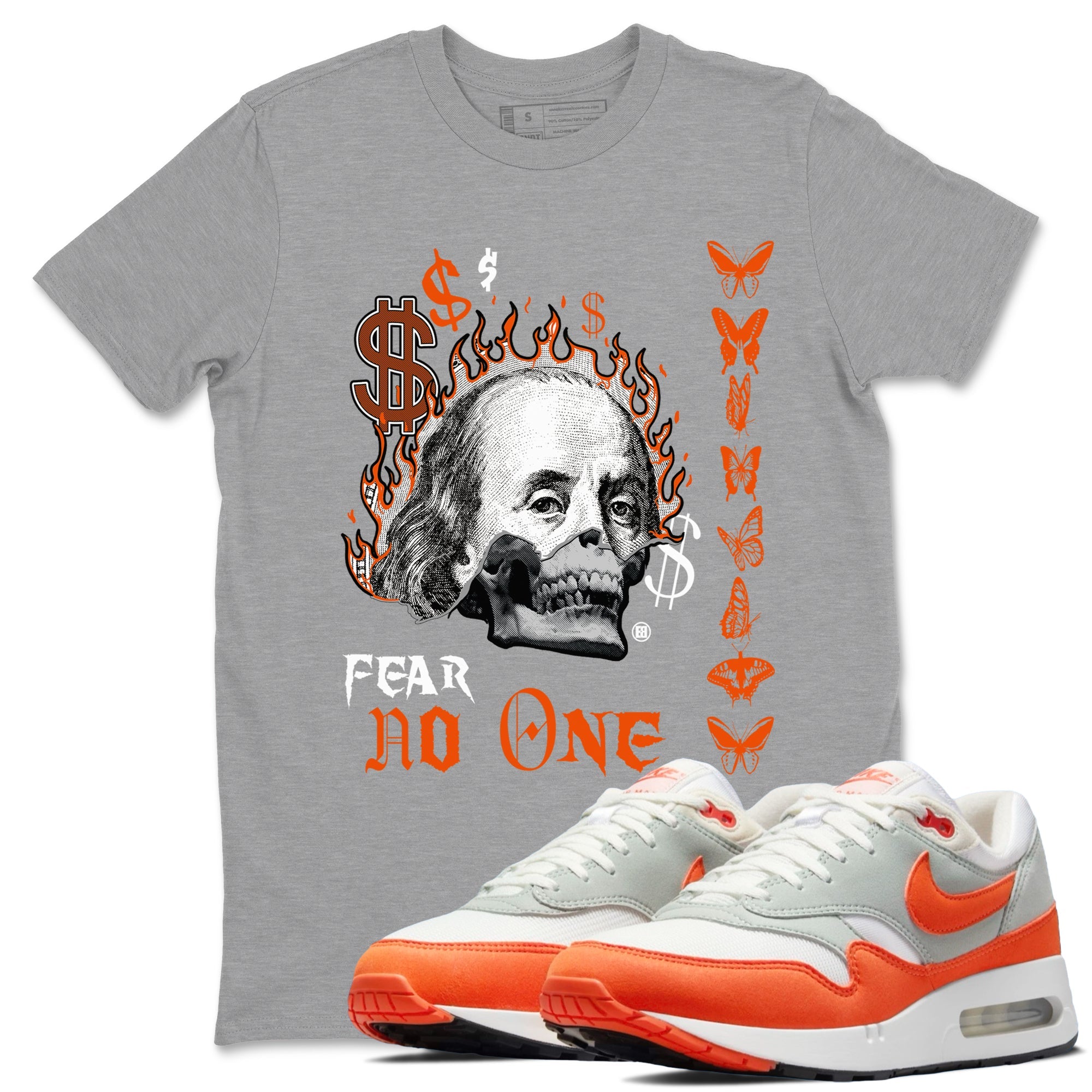 Air Max 1 OG '86 'Summit White and Cosmic Clay shirts to match jordans Fear No One sneaker match tees Air Max 1 Cosmic Clay match shoes to clothes Drip Gear Zone unisex cotton Heather Grey 1 shirts