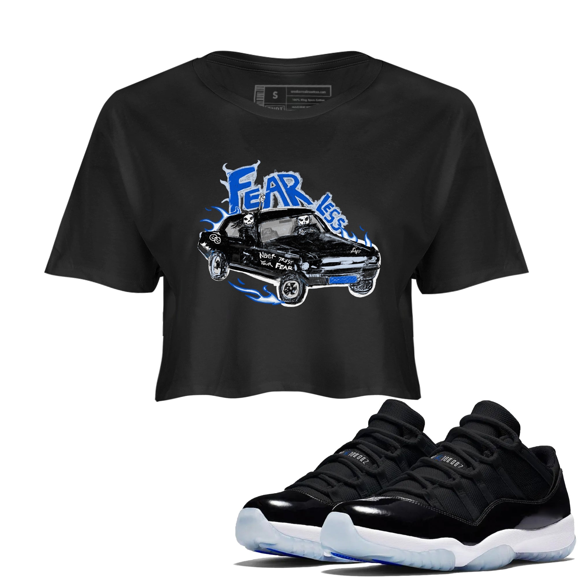 11s Low Space shirt to match jordans Fearless Car sneaker tees Air Jordan 11 Low Space Drip Gear Zone Black 1 crop length shirt