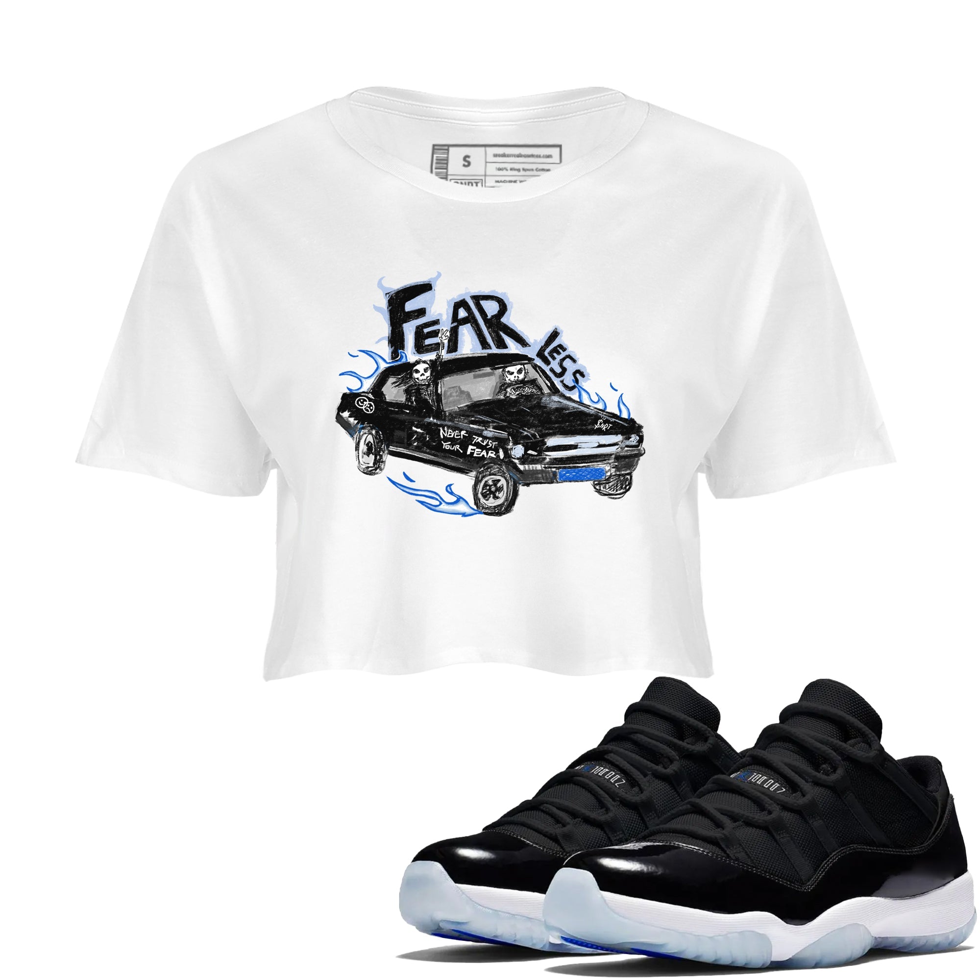 11s Low Space shirt to match jordans Fearless Car sneaker tees Air Jordan 11 Low Space Drip Gear Zone White 1 crop length shirt