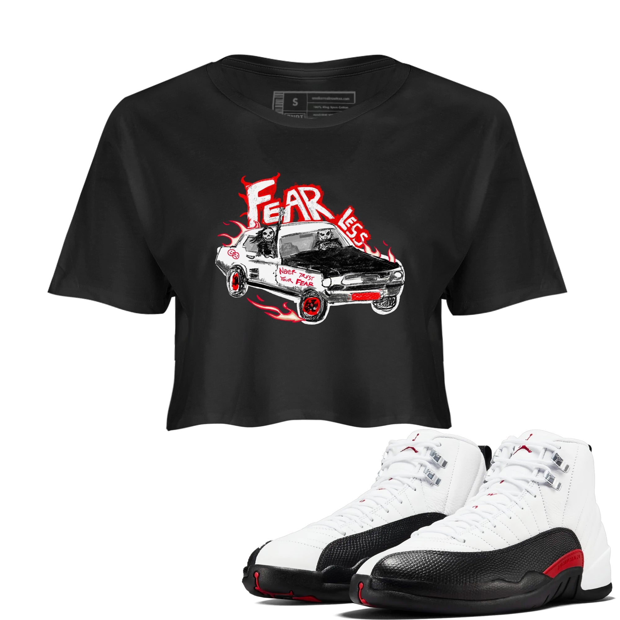 Air Jordan 12 Red Taxi shirts to match jordans Fearless Car sneaker match tees 12s Red Taxi Drip Gear Zone Black 1 crop length shirt