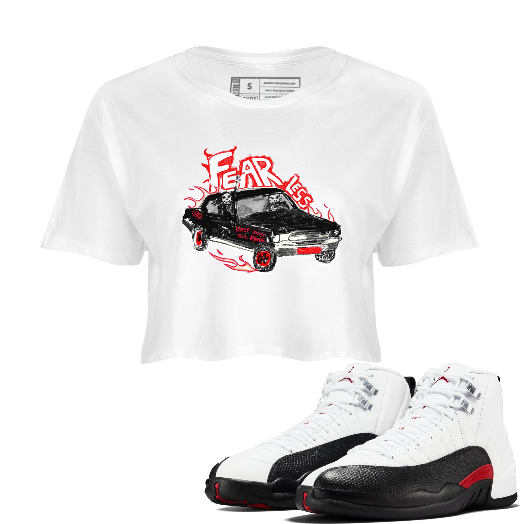 Air Jordan 12 Red Taxi shirts to match jordans Fearless Car sneaker match tees 12s Red Taxi Drip Gear Zone White 1 crop length shirt