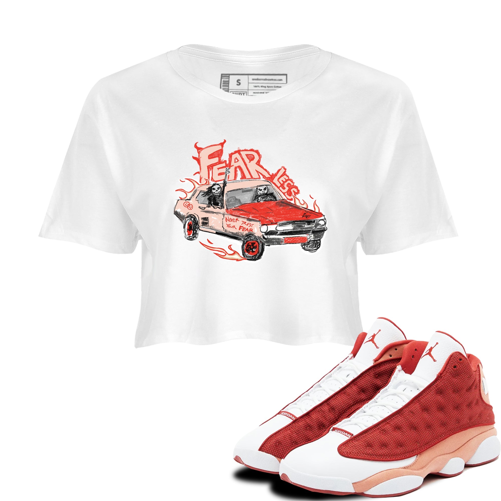 13s Dune Red shirts to match jordans Fearless Car sneaker match tees Air Jordan 13 Dune Red Drip Gear Zone streetwear brand White 1 crop tee